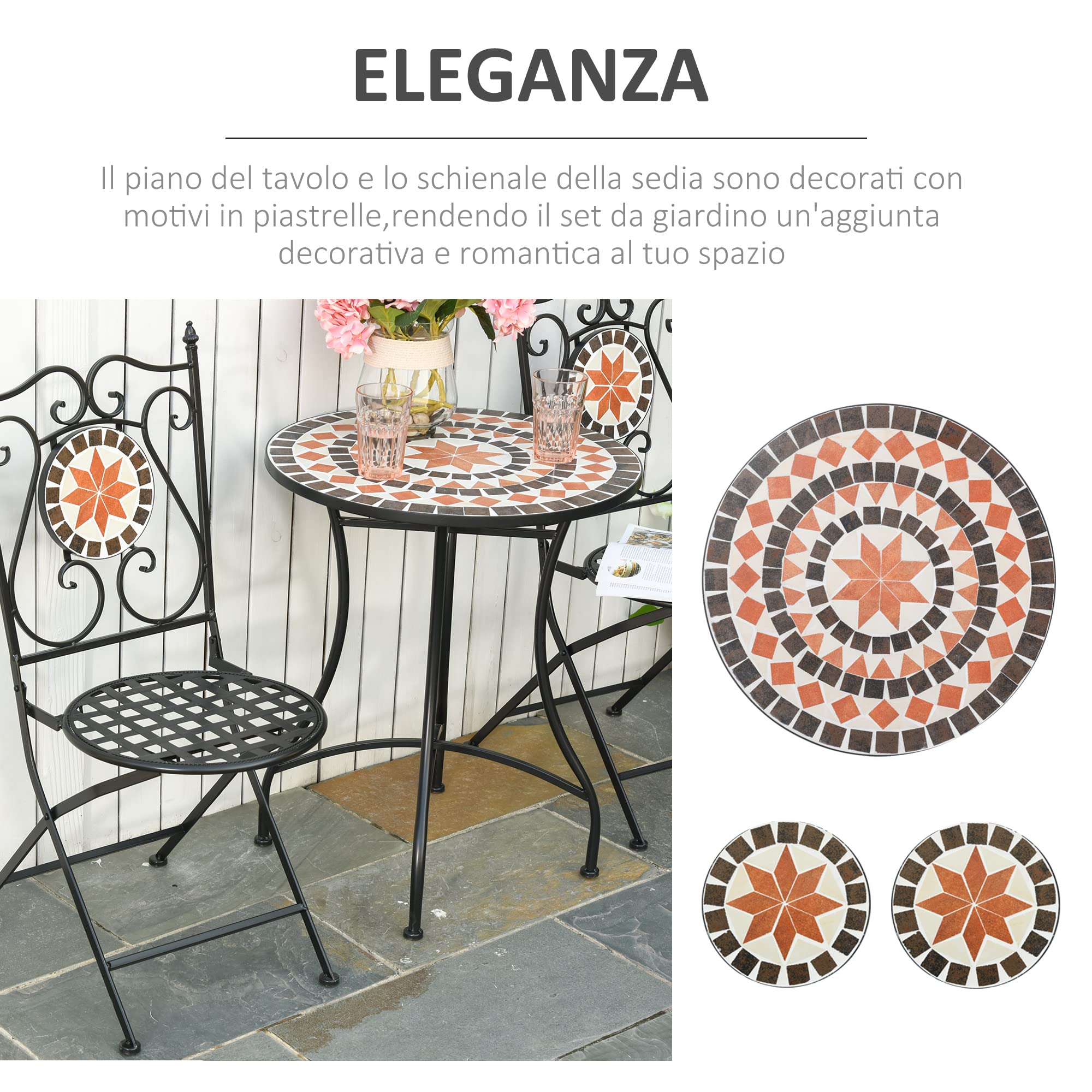 Outsunny Mobili da Giardino Set da 3 Pezzi con 2 Sedie Pieghevoli e 1 Tavolino a Mosaico, in Metallo e Ceramica
