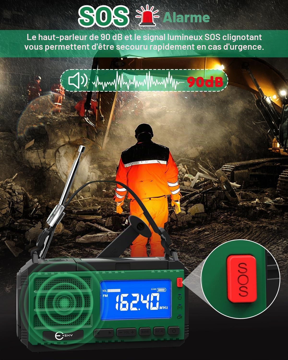 Esky 10000mAh Radio Portable d'urgence, AM/FM/NOAA Radio à Manivelle 3 Méthodes de Recharge Radio Solaire avec Boussole,Lampe de Poch,Lampe de Lecture,Alarme SOS pour Camping en Plein Air Randonnée