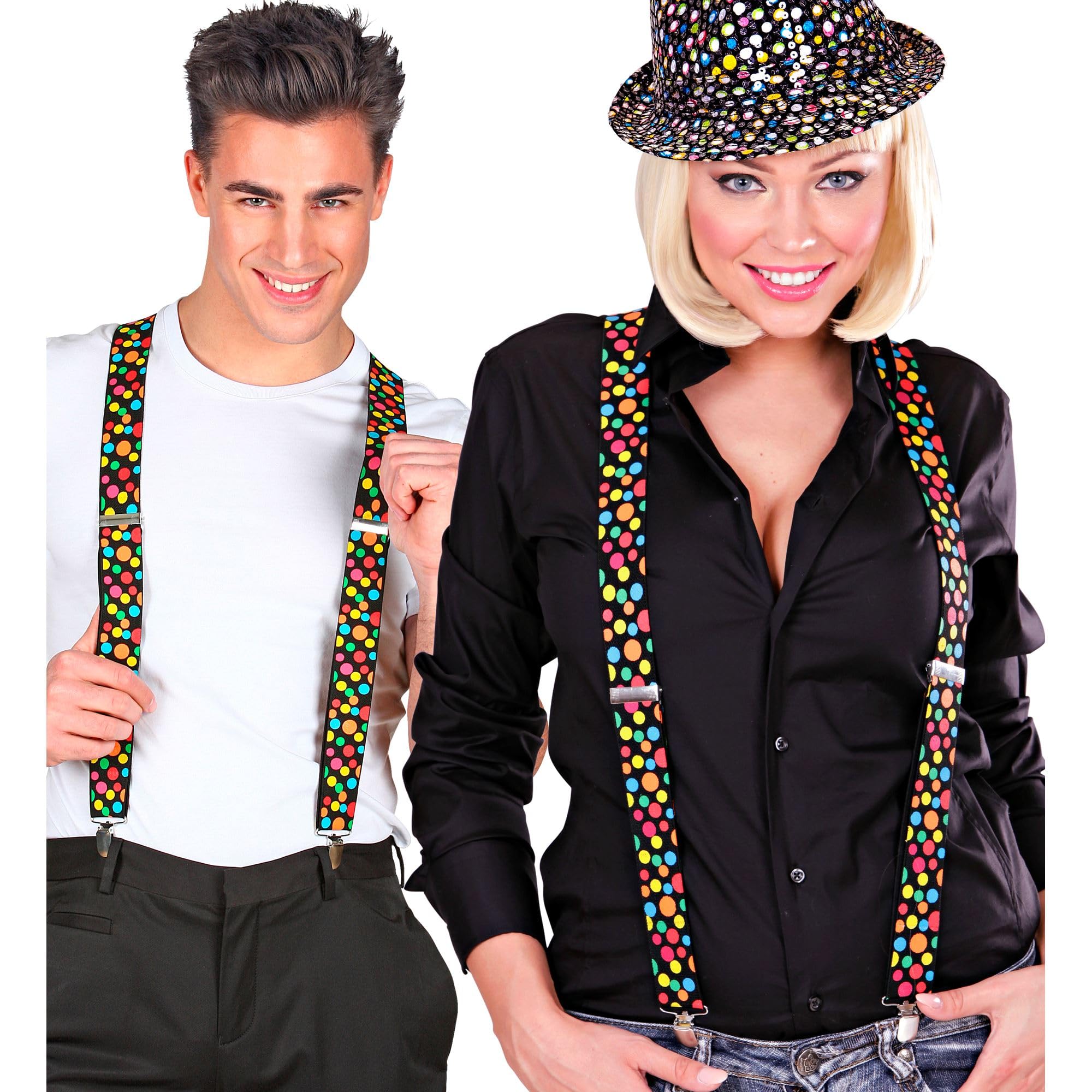 W WIDMANN MILANO Party Fashion - szelki z konfetti, regulowane | W kolorowe kropki, mocowanie na klips, regulowana długość, dodatek do kostiumu na karnawał i kostiumu klauna