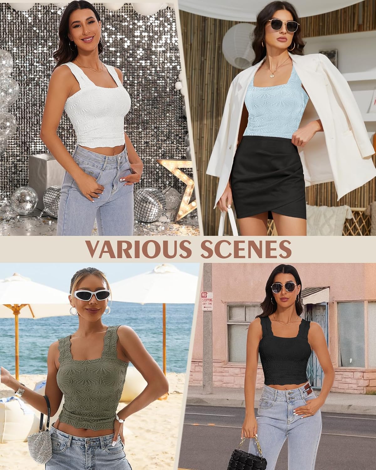 Women's Square Neck Wide Strap Crop Tank Tops Slim Fit Sleeveless Going Out Top Flower Lettuce Trim Cami Tops - Image 5