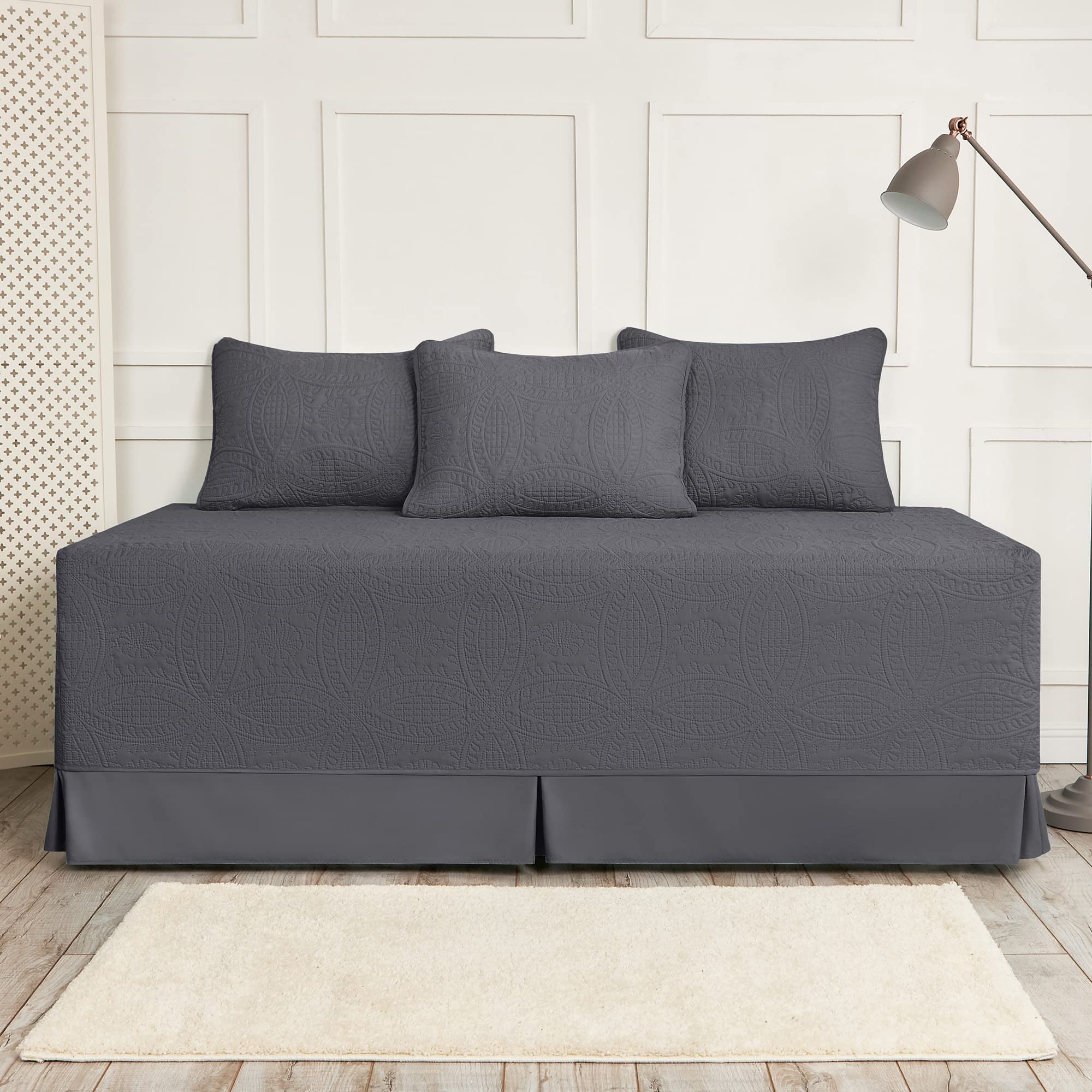 Mellanni Bed Sheet Set + DayBed Cover Set Bundle&Save - Bundle Includes: 4 Piece White Twin Bed Sheet Set and 5 Piece Gray Day Bedding Set (Twin/DayBed, White & Gray)