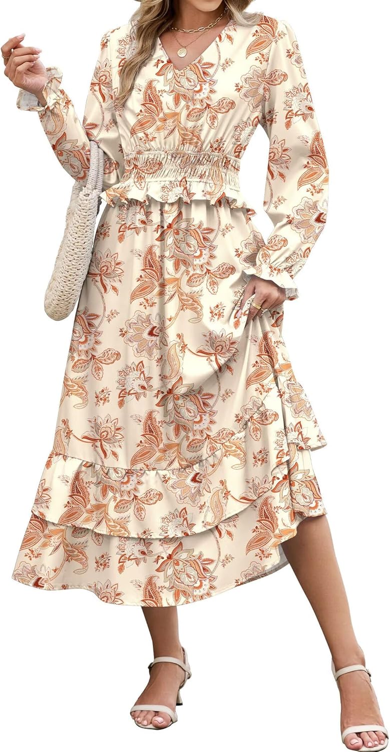 ZAFUL Women's Floral Midi Dress Long Sleeve V Neck Smocked Ruffle Boho Fall Dress