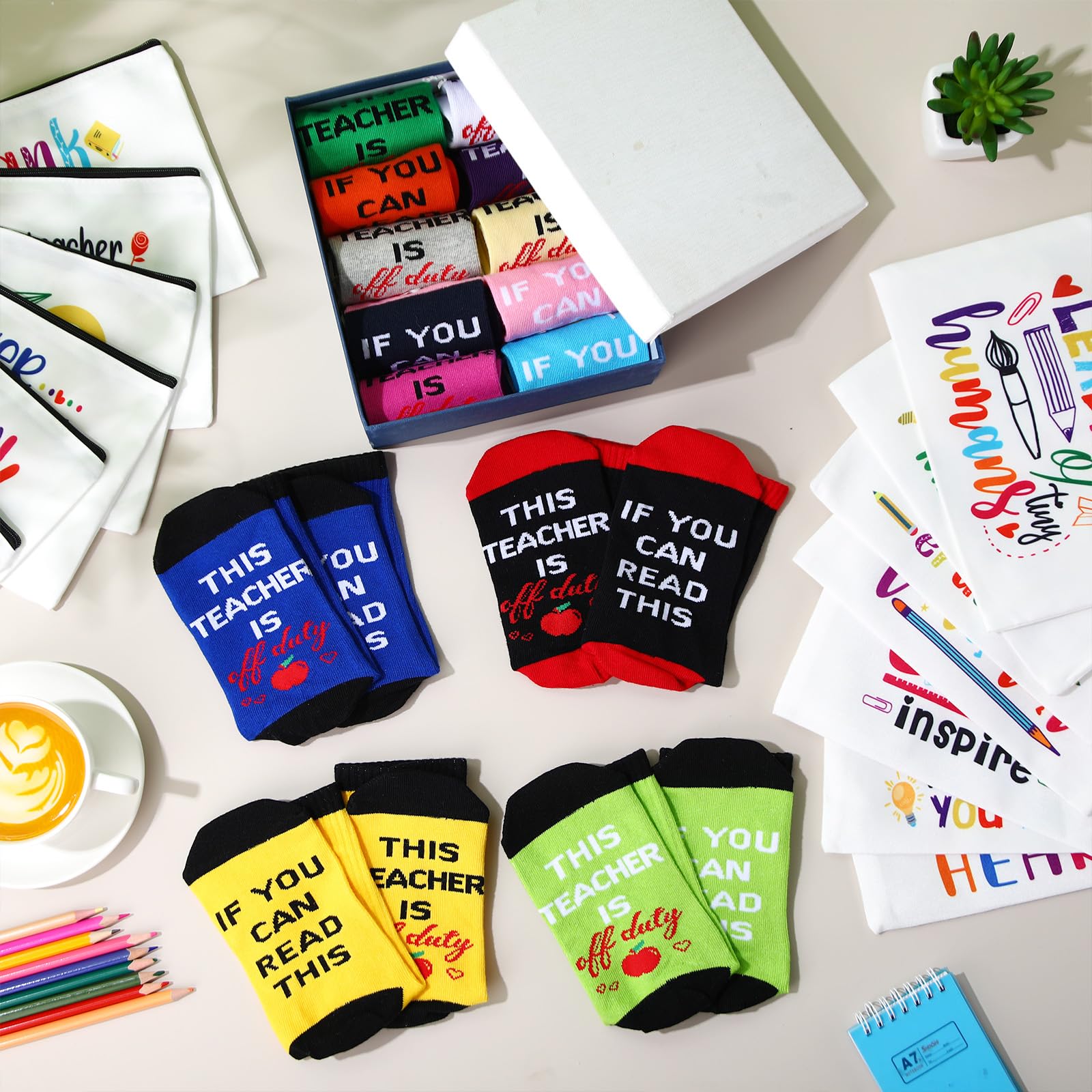 Shinymoon 28 Pcs Teacher Appreciation Gifts Bulk If You Can Read This Teacher Socks 14 Style Thank You Makeup Bags for Graduation Teachers Day Back to School Gifts(Vibrant,White,Polyester)