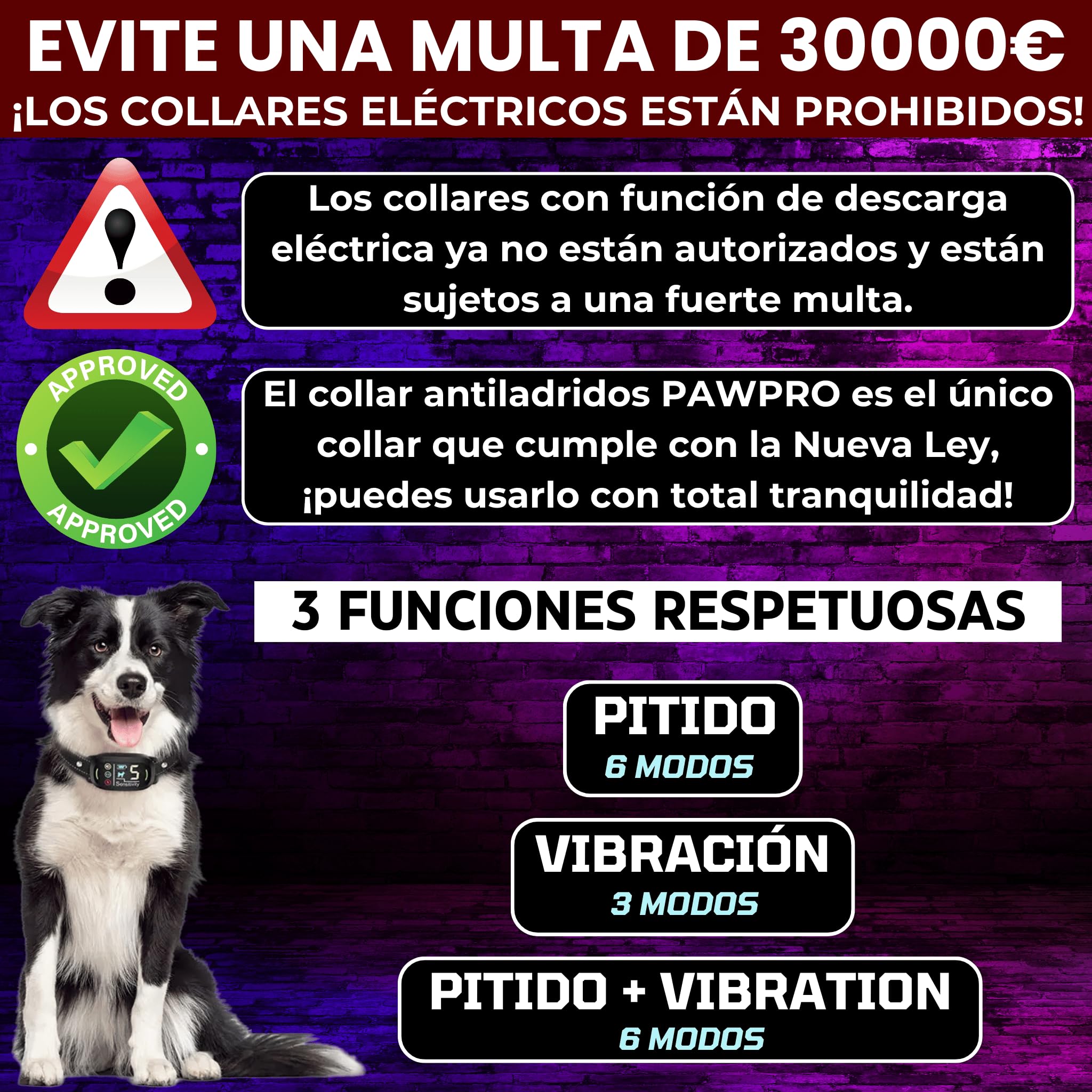 PAWPRO Collar Antiladridos para Perros | Cumple Nueva Ley Bienestar Animal 2024 | Inteligencia Artificial, Detección de ladridos, Pantalla Color | 3 Modos Beep, Vibración, Beep+Vibración | Manual ESP