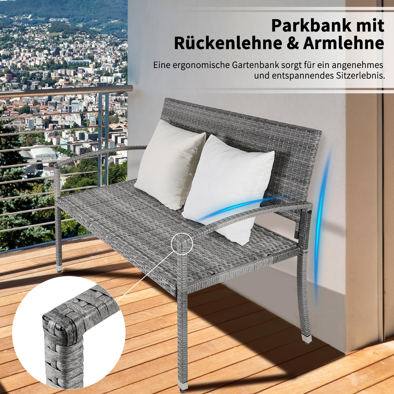 LIFERUN Banco de Jardín de Ratán, Mueble Poliratán Jardín 2 Asientos, Banco Terraza Exterior, Resistente Intemperie, Capacidad de Carga hasta 320 kg, Ratán de Doble Cara, 122x62x90cm, Gris