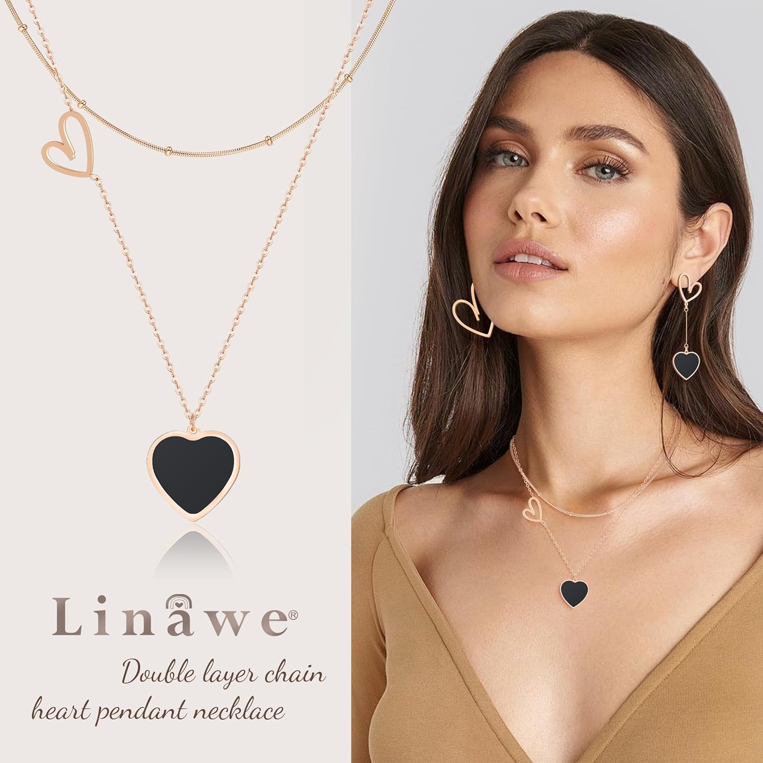 Linawe Layered Choker Heart Pendant Necklace for Women Trendy, Gold/Silver/Rose Gold Chain Stainless Steel Stacked Necklaces, Double Heart Necklace Y2K Preppy Jewelry - Image 2