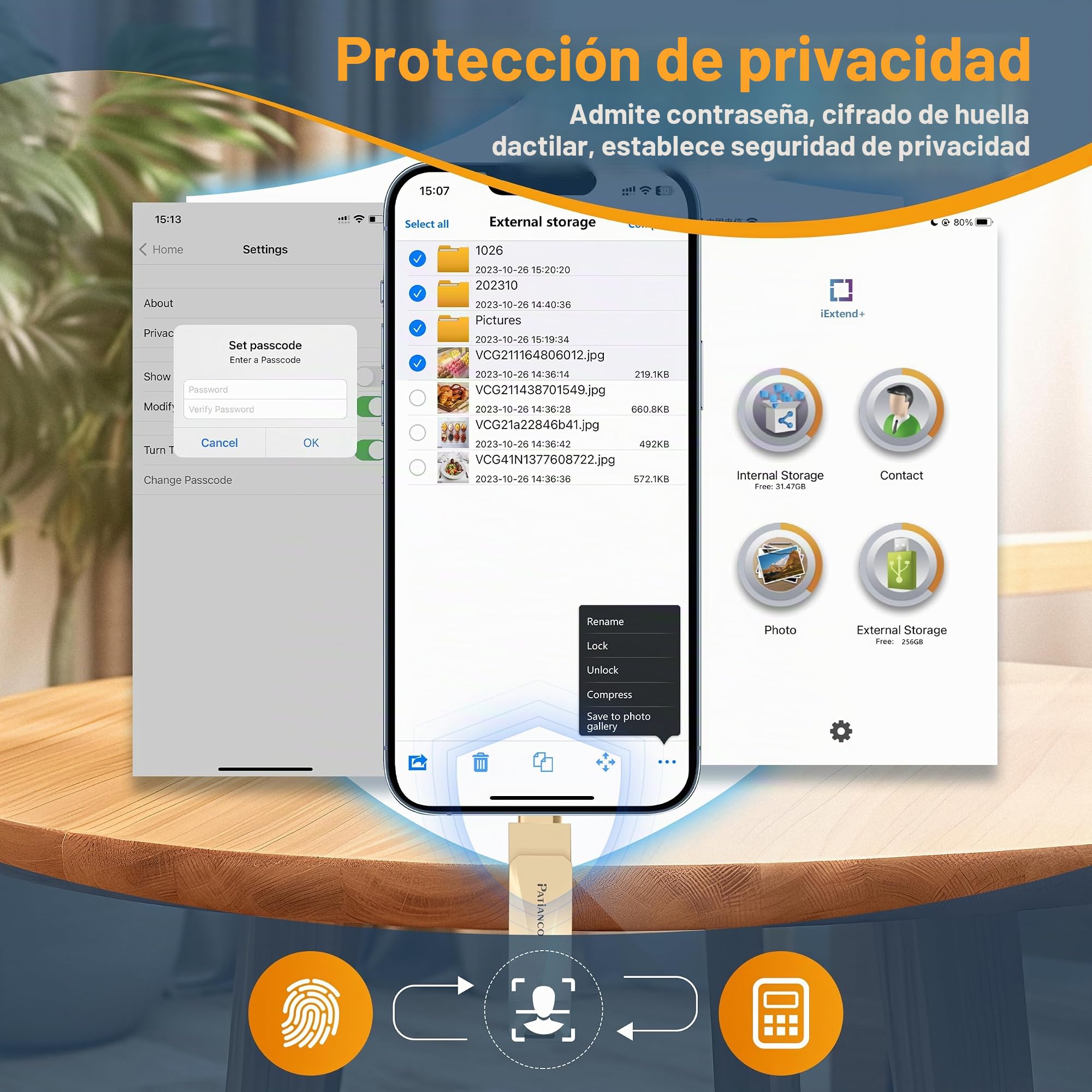 Pendrive para iPhone 256GB,[MFi Certificado] Patianco Memoria Externa USB C para iPad 3 en1 Flash Drive Externa Storage Ptotostick Lightning para OTG Android Smartphone Tablet Mac PC iOS(Oro)