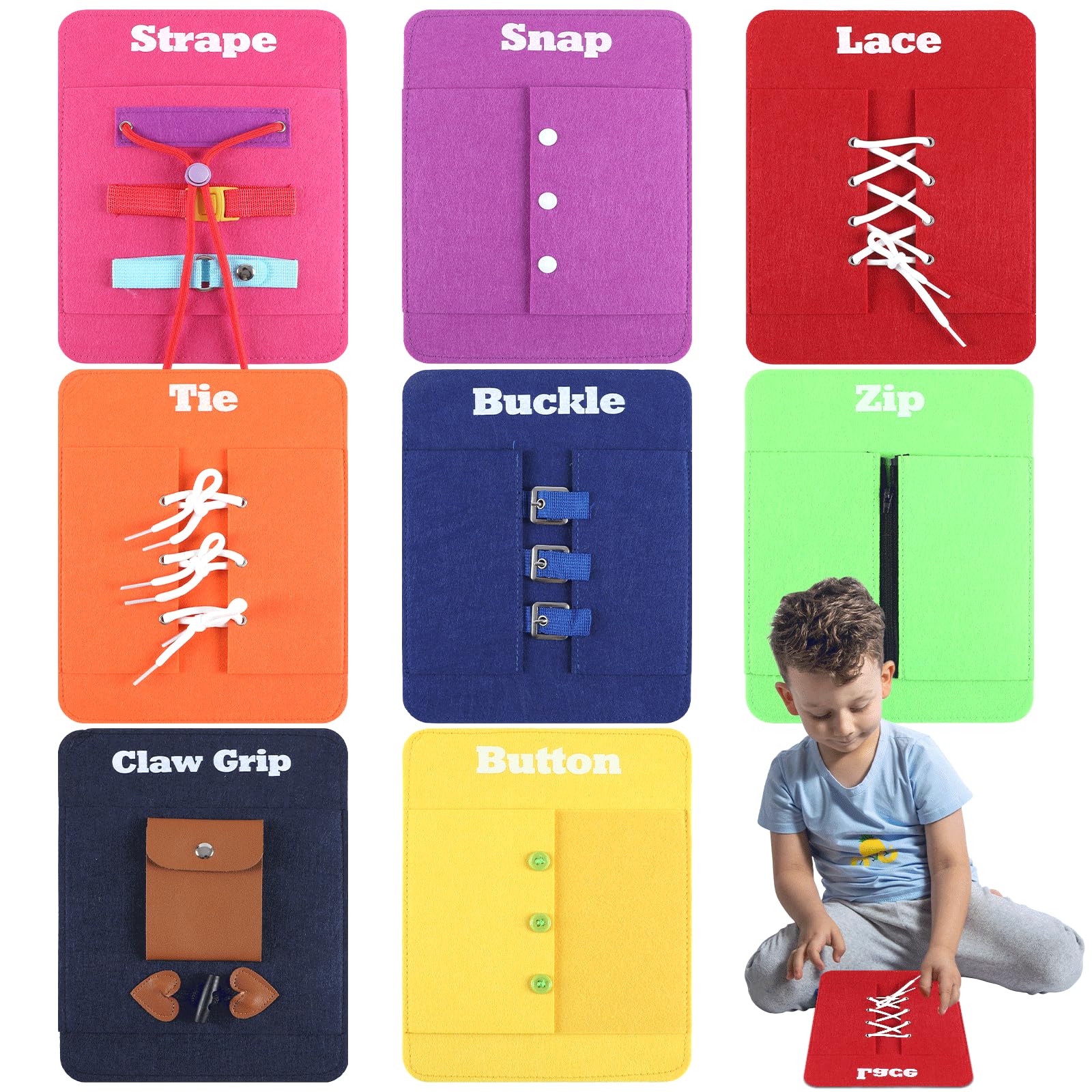 Toddlers Montessori Busy Board for Kids Early Learning Basic Life Busy Board - Fine Motor Skill Toys - Zip, Snap, Button, Buckle, Lace, Tie, Strape and Claw Grip Practice Teacher Preschool Classroom
