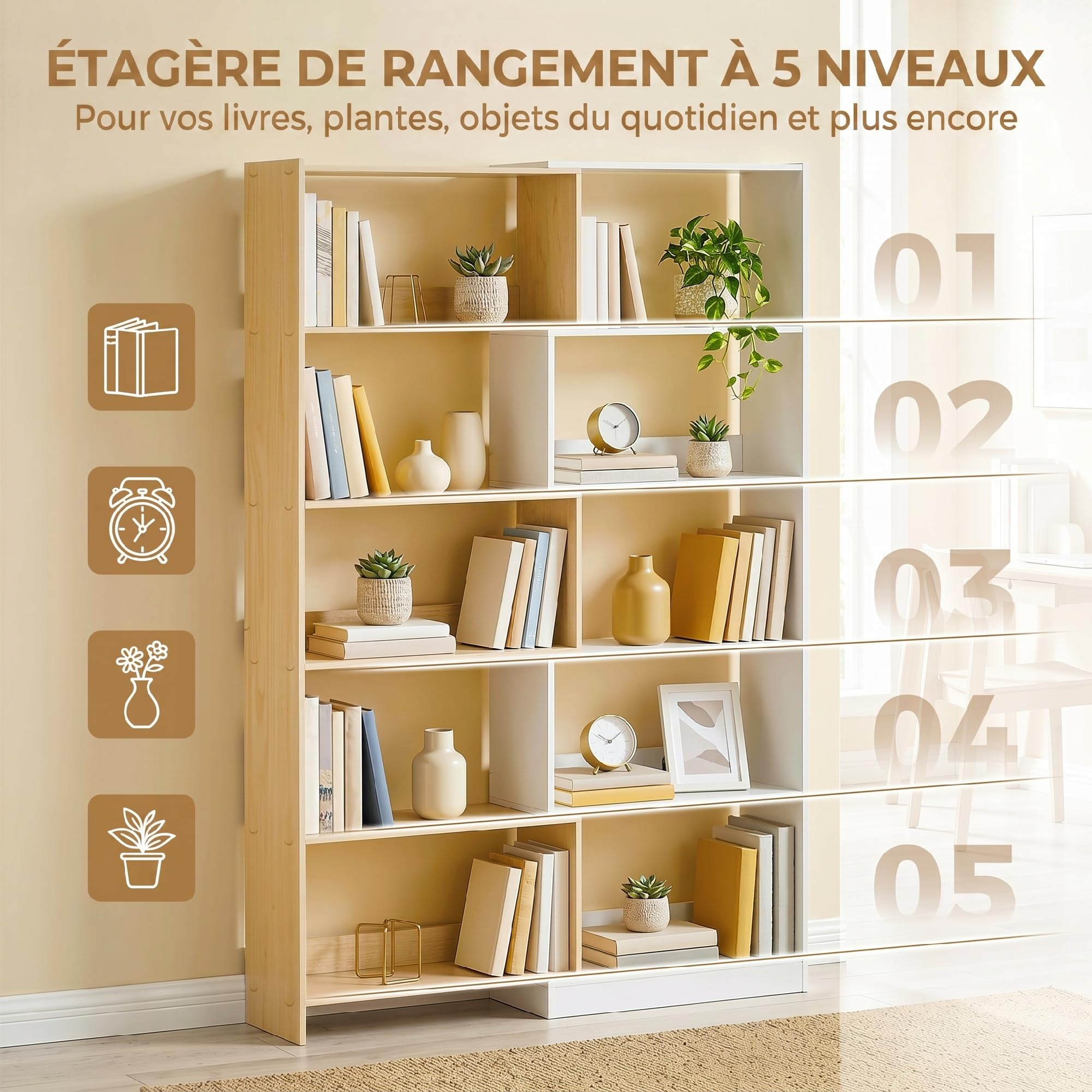 HOMCOM Bibliothèque d'angle rotative 350° à 5 Niveaux, étagère de Rangement Extensible en Forme L, 60-111x24x164cm, Style Moderne, Meuble de Rangement pour Salon, Bureau, Petit Espace, chêne et Blanc