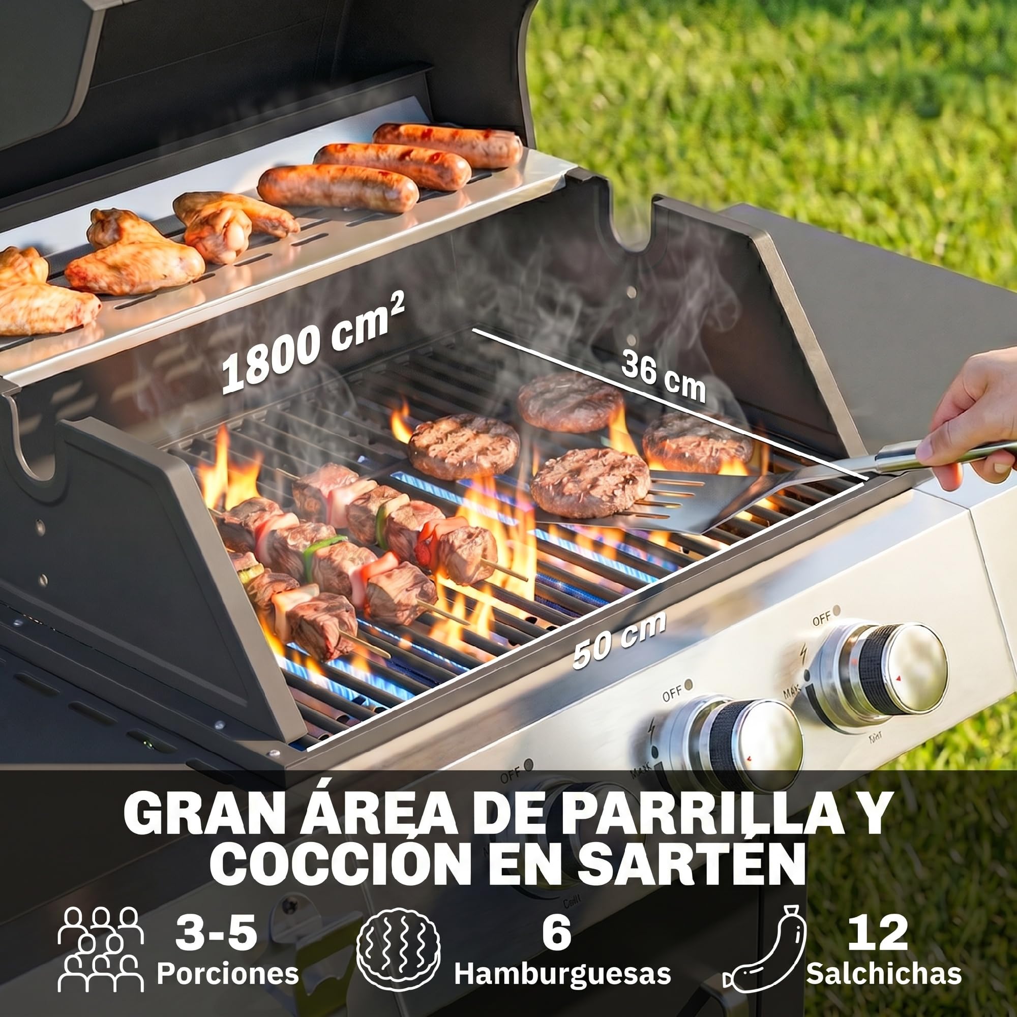 Outsunny Barbacoa de Gas BBQ Gas con 3 Quemadores 8,1 kW Barbacoa Portátil con Termómetro Mesas Laterales Armario Rejilla Calentadora Parrillas de Hierro Fundido Recogedor Grasa y 4 Ruedas Negro