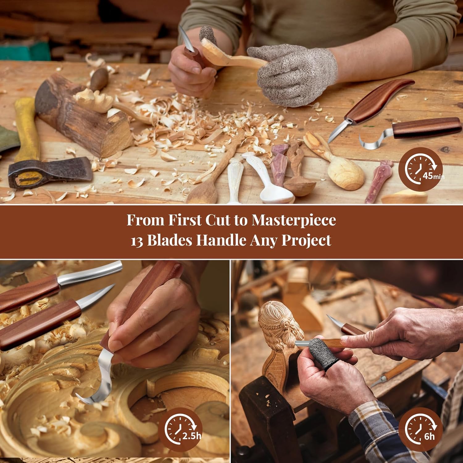 COZYGIFT Whittling Kit for Adult Beginners (Paint Set Included), 33Pc Wood Carving Tools: 7 Knives, 6 Gouges, Solid Strop Board, Video Guide. Carve & Color DIY Hobby Gift for Basswood, Spoon, Gnome