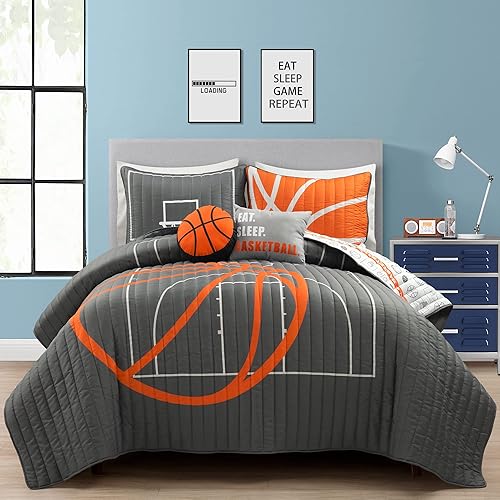 Lush Decor Juego de edredón reversible de 5 piezas de juego de baloncesto, acogedor y suave, juego de ropa de cama con temática deportiva para