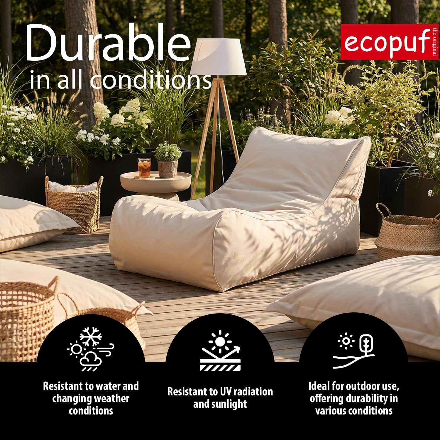 Ecopuf Solid – Pouf en Polyester imperneable Waterproof Oxford 600D Outdoor – Puff Fauteuil avec Dossier Haut – Fauteuil Sac pour extérieur – Pouf rembourré en polystyrène