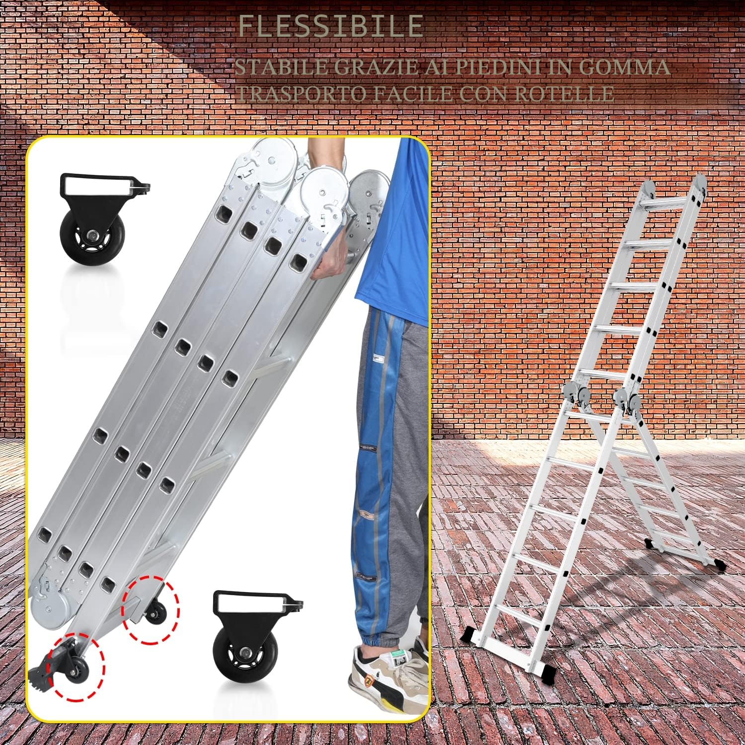 4 x 5 Scala multiuso pieghevole da 582 cm, 7 in 1 Scala Multifunzionale Alluminio con 2 piattaforma + Doppia puleggia, fino a 150 kg