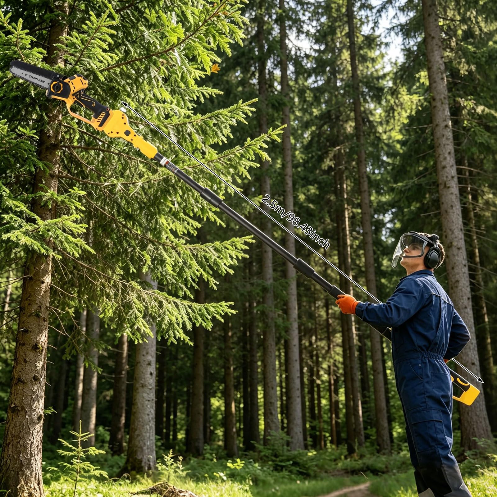Akumulatorowa sekator pionowy 2 w 1, 15 cm, mini piła łańcuchowa z przedłużeniem 2 m, drążek o długości 200 W, bezszczotkowy silnik 600 W, obrotowa głowica silnika o 180°, elektryczna piła łańcuchowa