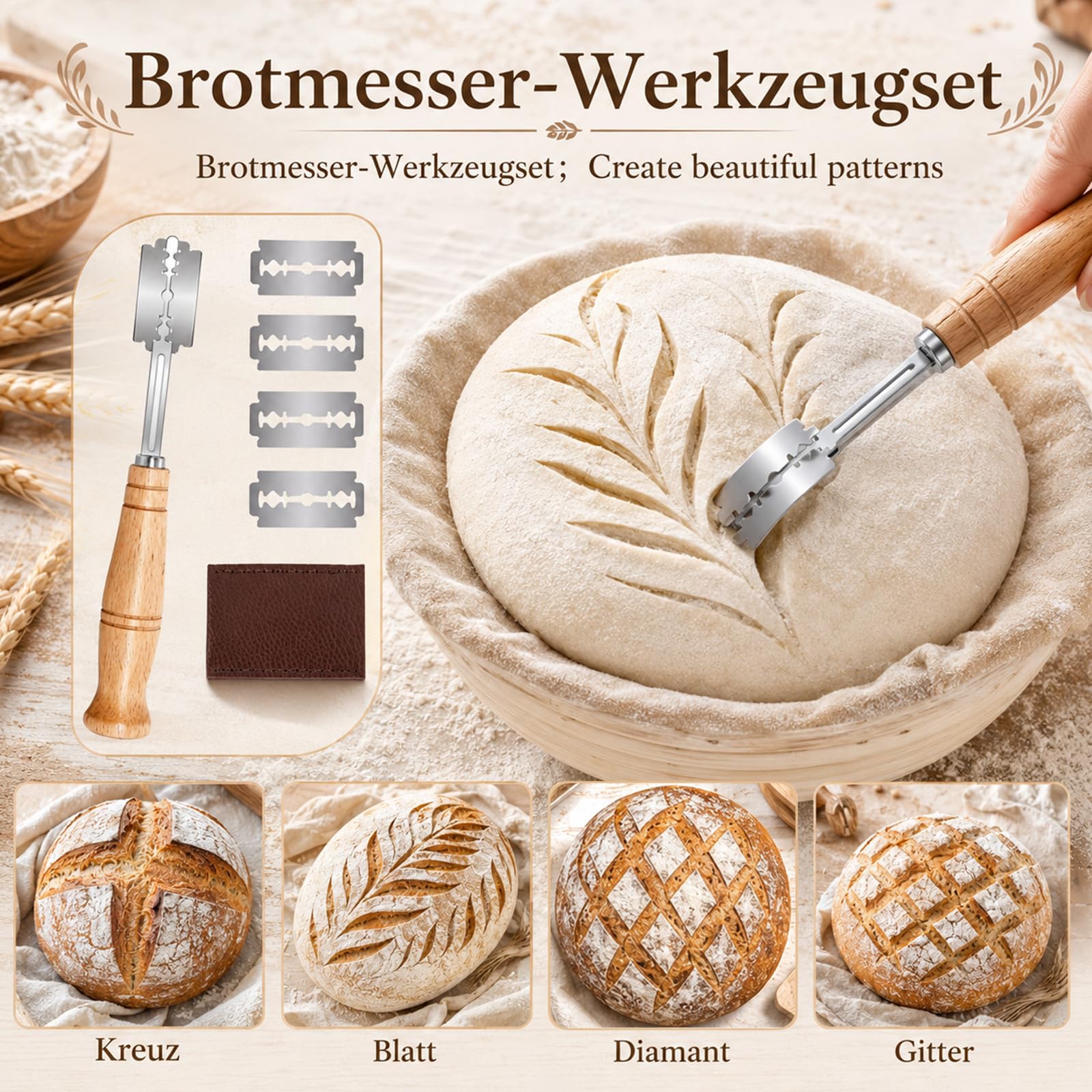 Lot de 16 paniers à fermentation ovales et ronds de 25,4 cm et 22,9 cm avec verre de démarrage, spatule, élingue à pain, moule à pain Banneton, accessoires de pâtisserie pour boulangers amateurs