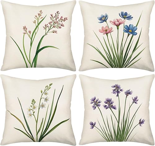 Juego de 4 fundas de almohada decorativas de lino y algodón para el hogar, sofá y automóvil, 18 x 18 pulgadas, diseño floral
