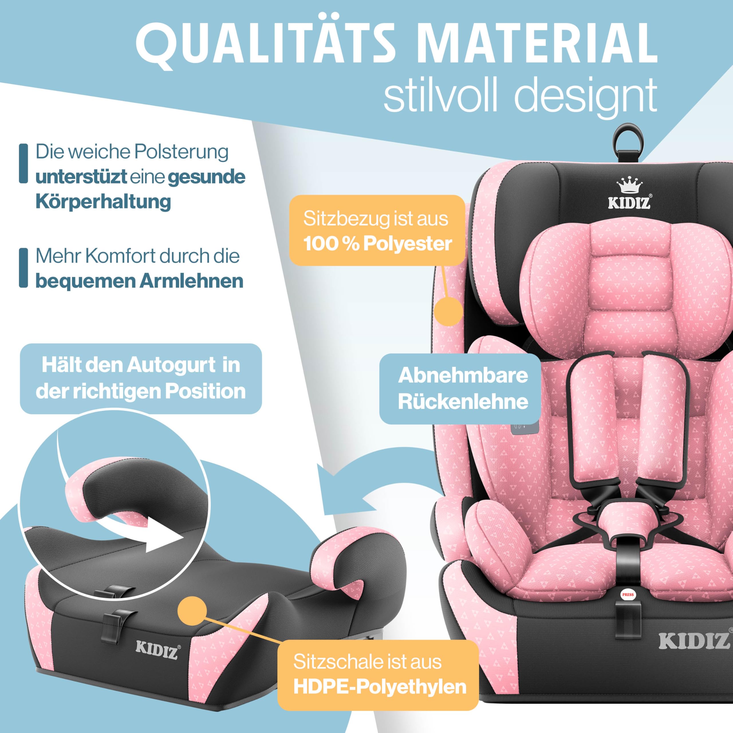 KIDIZ® Asiento infantil Triangle Premium con Isofix | Asiento infantil para coche | 9 kg – 36 kg 1 – 12 años | Grupo 1/2/3 | Universal | Homologado según ECE R129/03