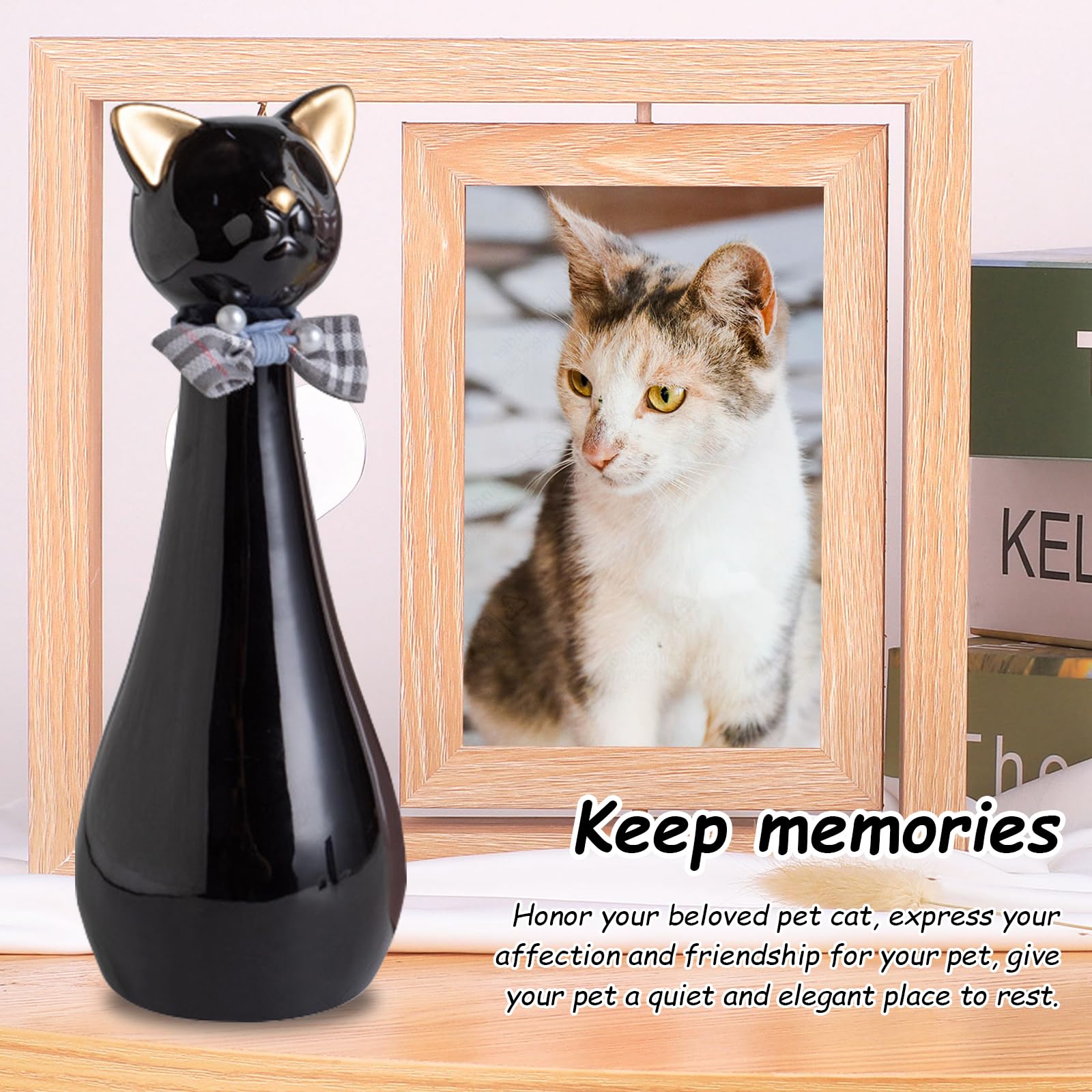 Urna para Gatos, 9,5 x 9,5 x 25,5 cm Urna Cenizas Negra con Collar de Lazo 550 ml Urnas para Mascotas de Cerámica para Recordar a Tu Querida Mascota Urnas para Gatos Regalo Conmemorativo