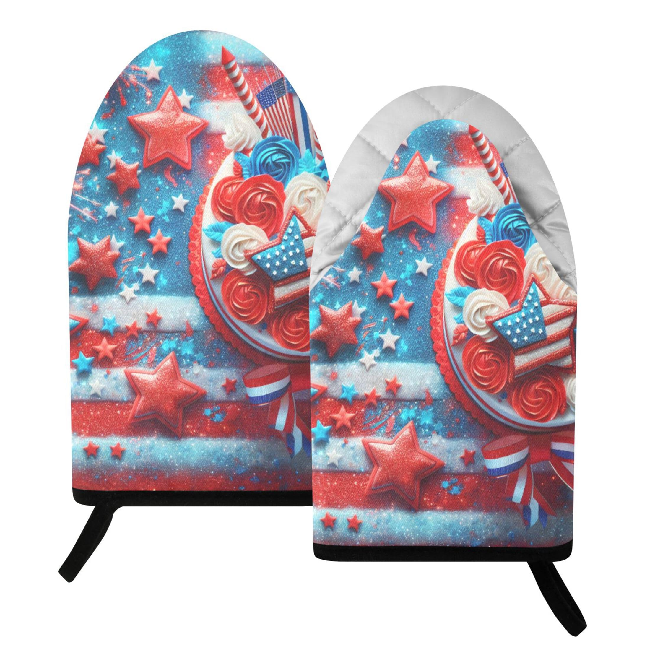 Fuauuyl Oven Mitts Heat Resistant Kitchen Gloves, Independence Day Classic Oven Gloves with Hanging Loop for Baking BBQ Cooking Grilling, 1 Pair, 9.5 in