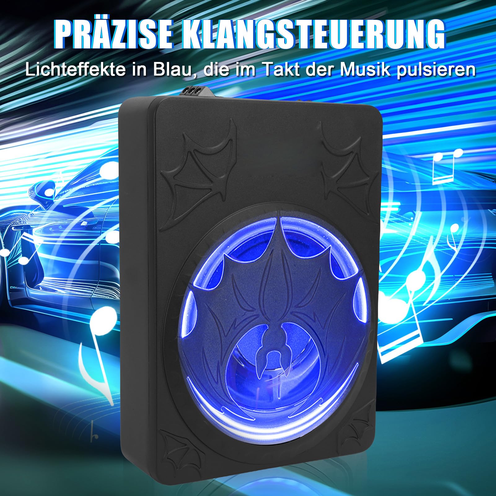 Luocute Subwoofer o Mocy 10 Cali i Mocy 1200 W, Smukły Pod Siedzeniem, Wbudowany Wzmacniacz, Obudowa z Odlewu Aluminiowego ze światłami LED, Regulowany Filtr Dolnoprzepustowy Wzmocnienia (BLUE)
