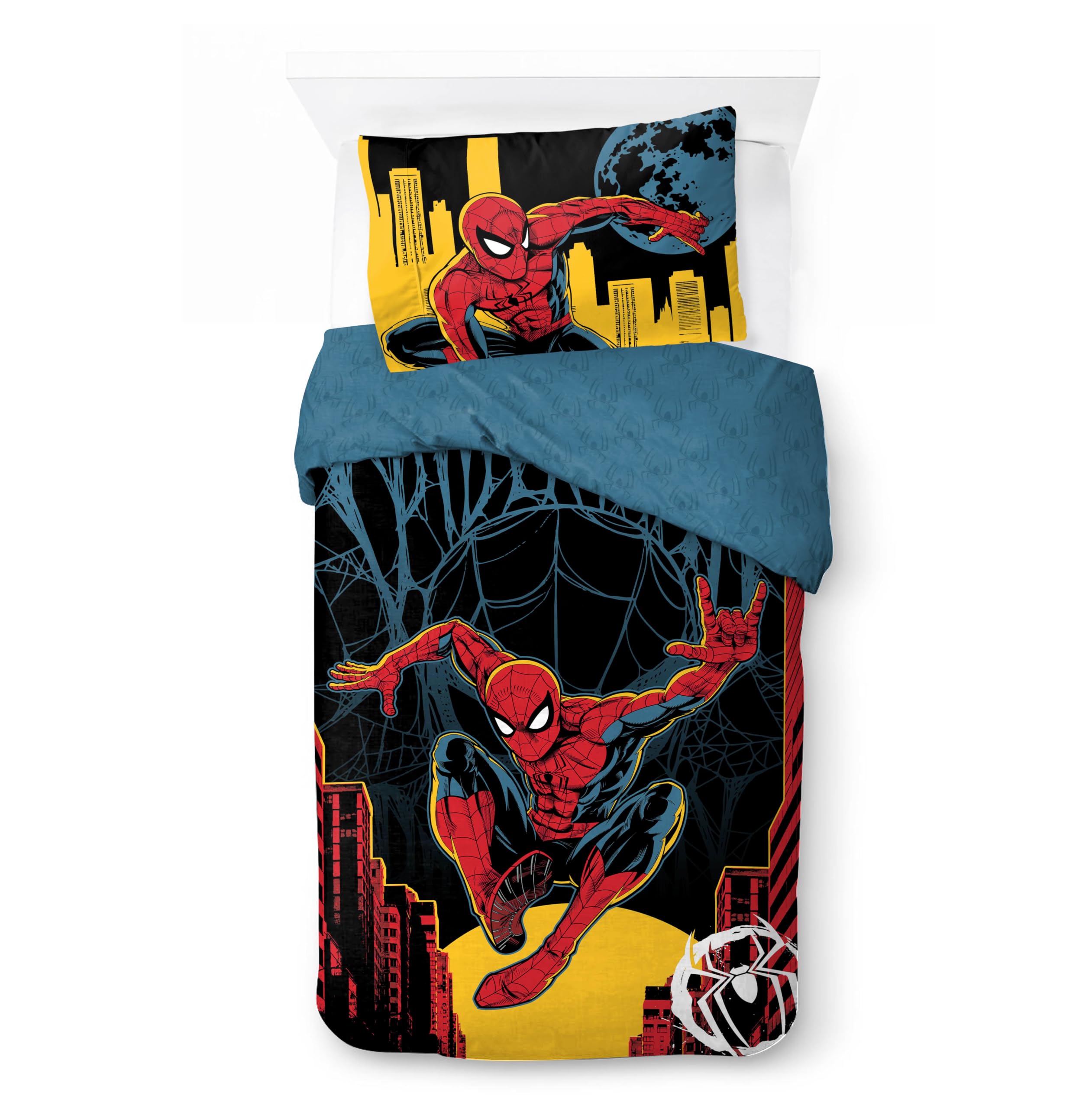 Funda nórdica Spiderman de algodón para cama individual con funda de almohada negra de 2 piezas