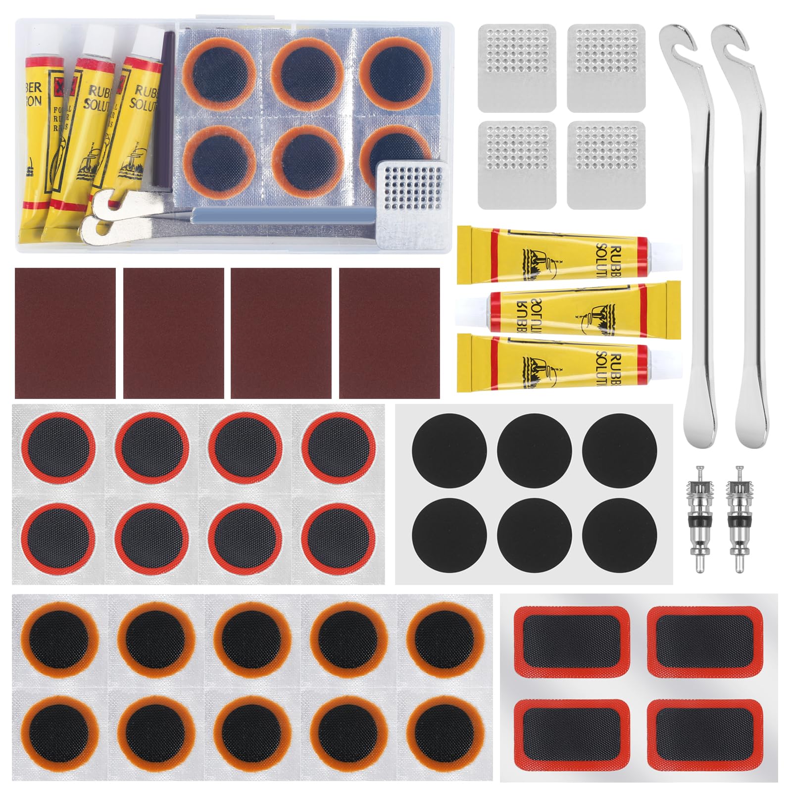 Vefungyan Bike Tire Tube Repair Kit: 28PCS Vulcanizing Patches 2 Stainless Steel Levers Metal Rasp Tube Set for MTB BMX Road Cycling