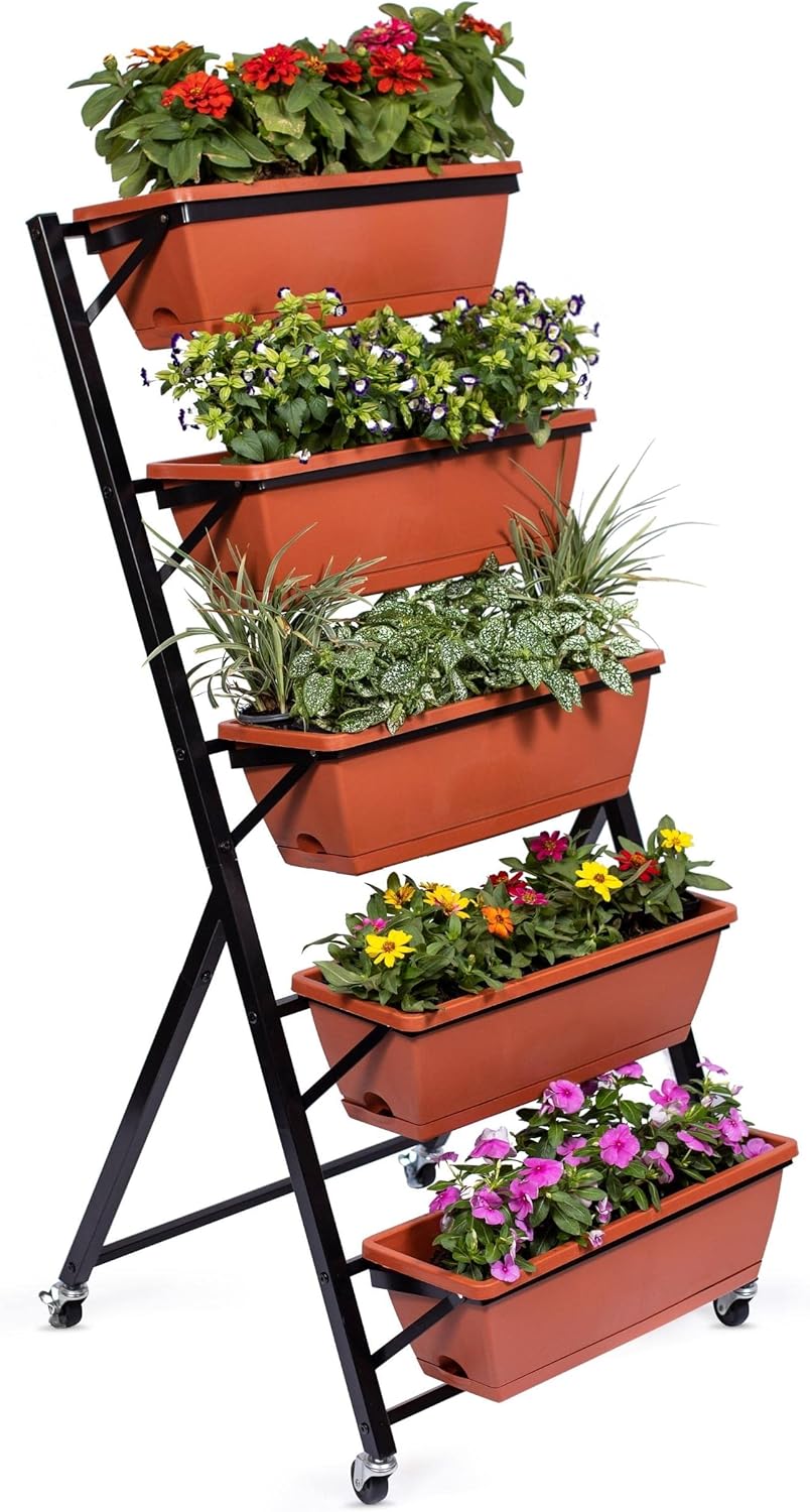 BIRDROCK HOME 5-Tier Vertical Garden Planter Bed | Raised Flower Stand | Rolling Plant Tower | Weather Resistant Box | Indoor or Outdoor | Herbs Flowers Berry’s Vegetables | Metal