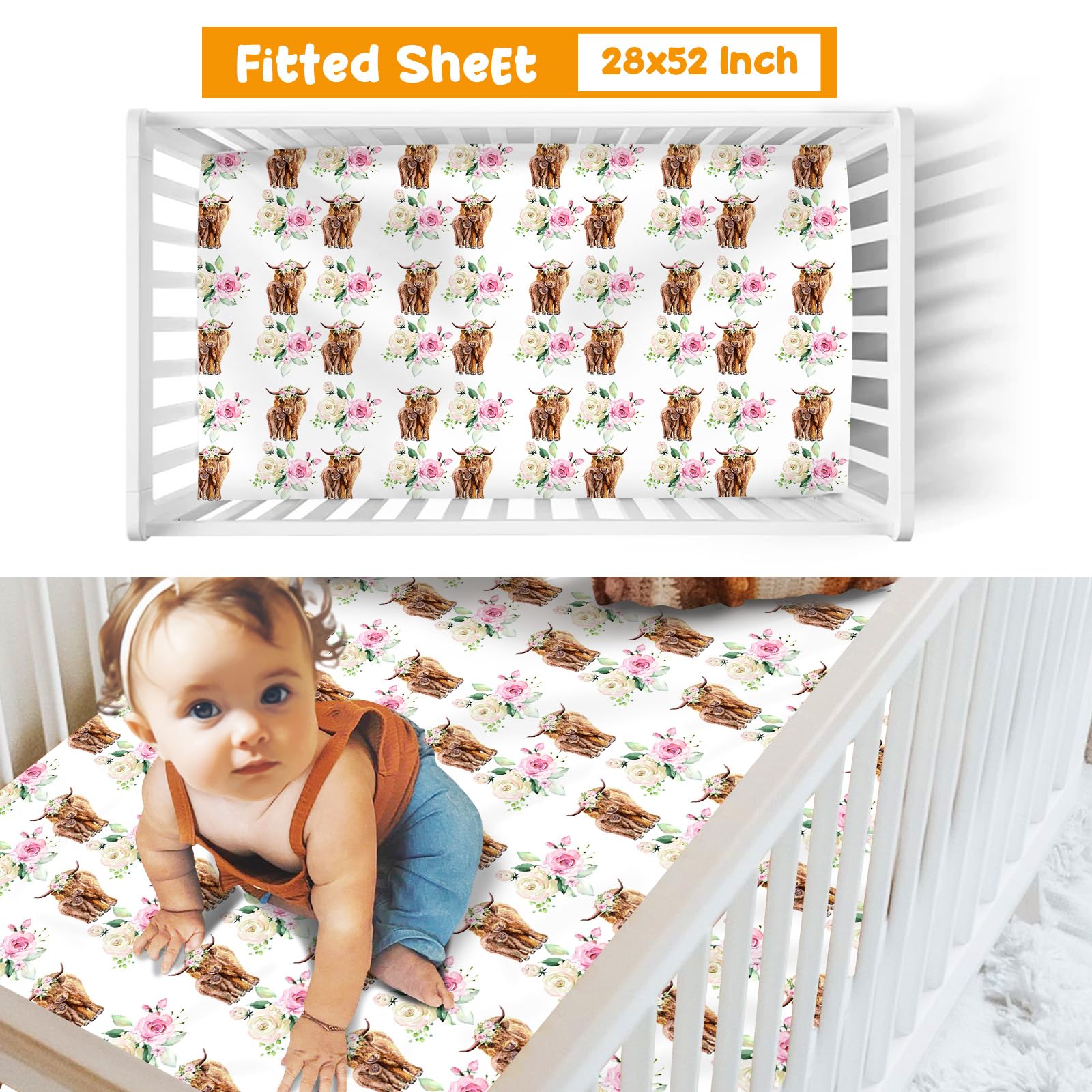 Baby Crib Bedding Set Highland Cow Design Nursery Bedding Pcs Set  Chic Soft Blanket, Sheet, Pillowcase for Newborns Boys Girls Gifts Color25