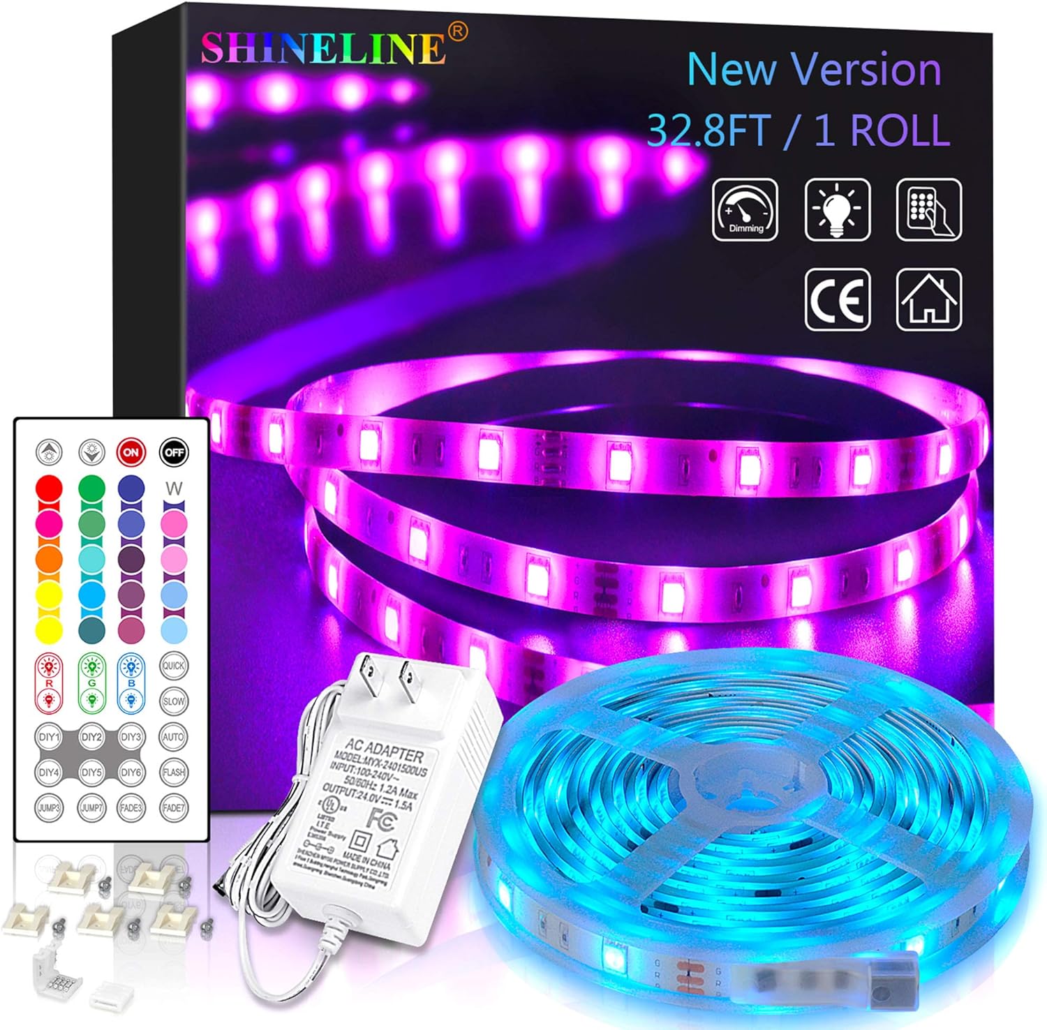  Led Strip Lights 32 8ft 1 Roll Rgb Led Lights 5050 Leds Rope Light Strip Kit With 44 Key Remote Control And 24v Power Supply Led Tiktok Lights For Bedroom Room Kitchen