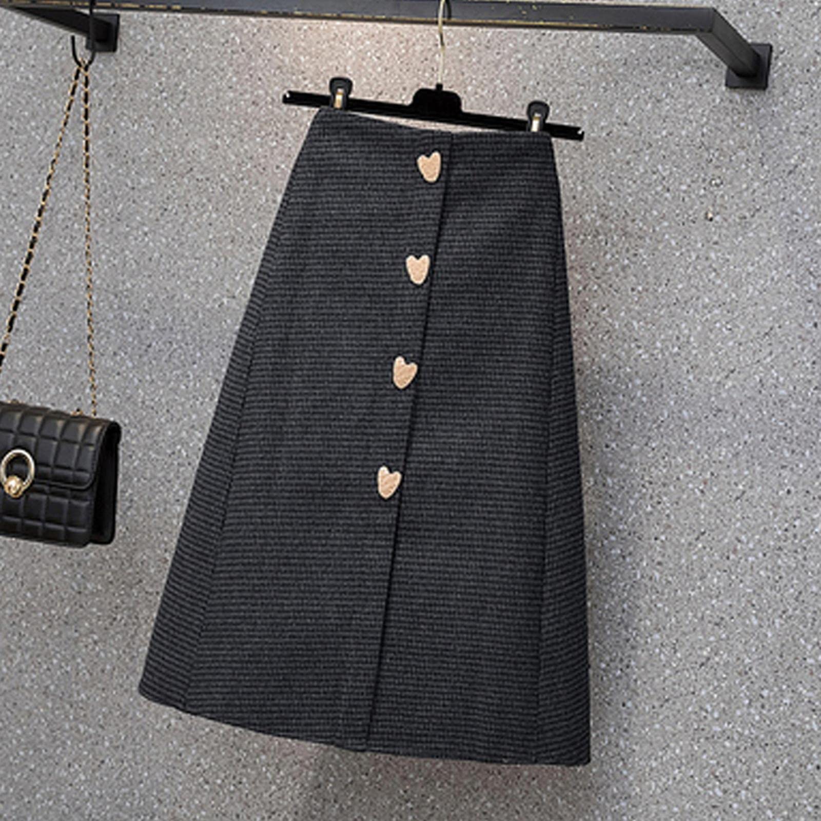 BUJNIE Jupe midi automne hiver épaisse femme jupes bouton grande taille A-Line jupes femme Looseamp ; mélange bureau travail jupes femme jupes