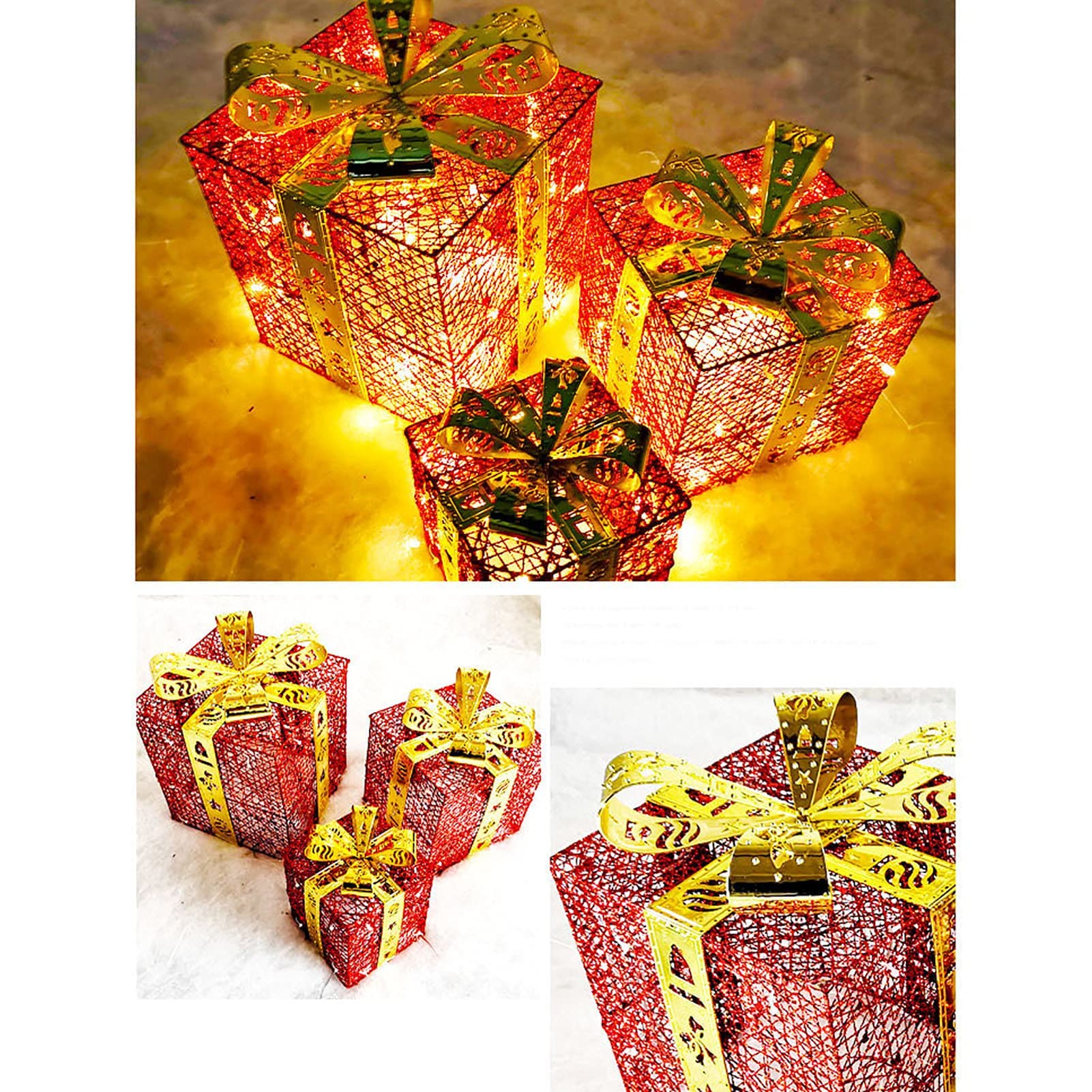 Cajas de regalo para Navidad, Juego de 3 cajas decorativas de cajas de regalo iluminadas navideñas, for decoración del hogar interior de vacaciones(Rosso)