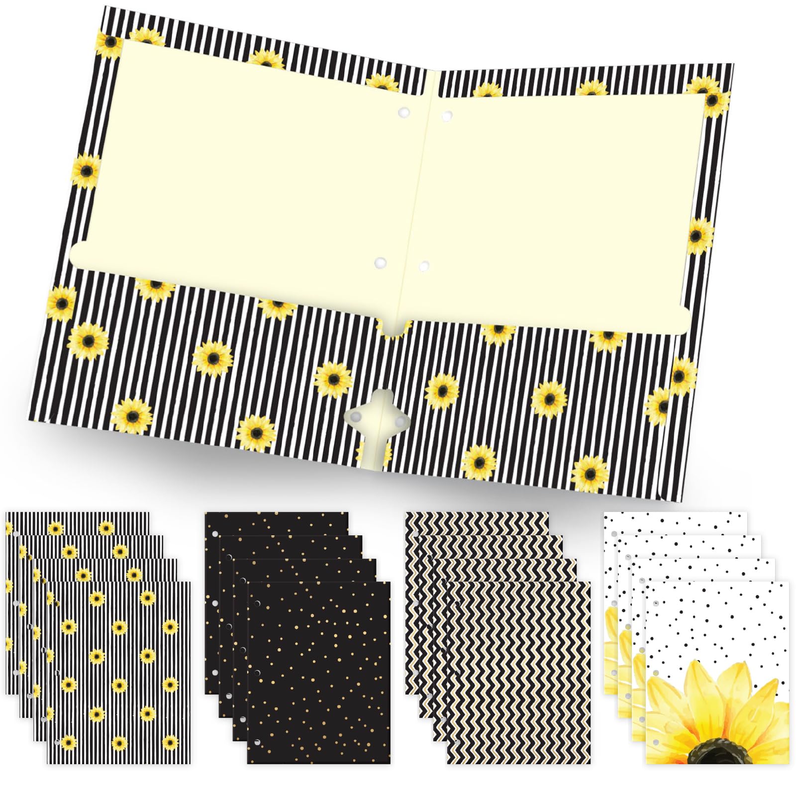 Global Printed Products Deluxe Designer Pocket Folders, Letter Size, 3-Hole Punched, 4 Patterns, 16/pk (Sunflower)