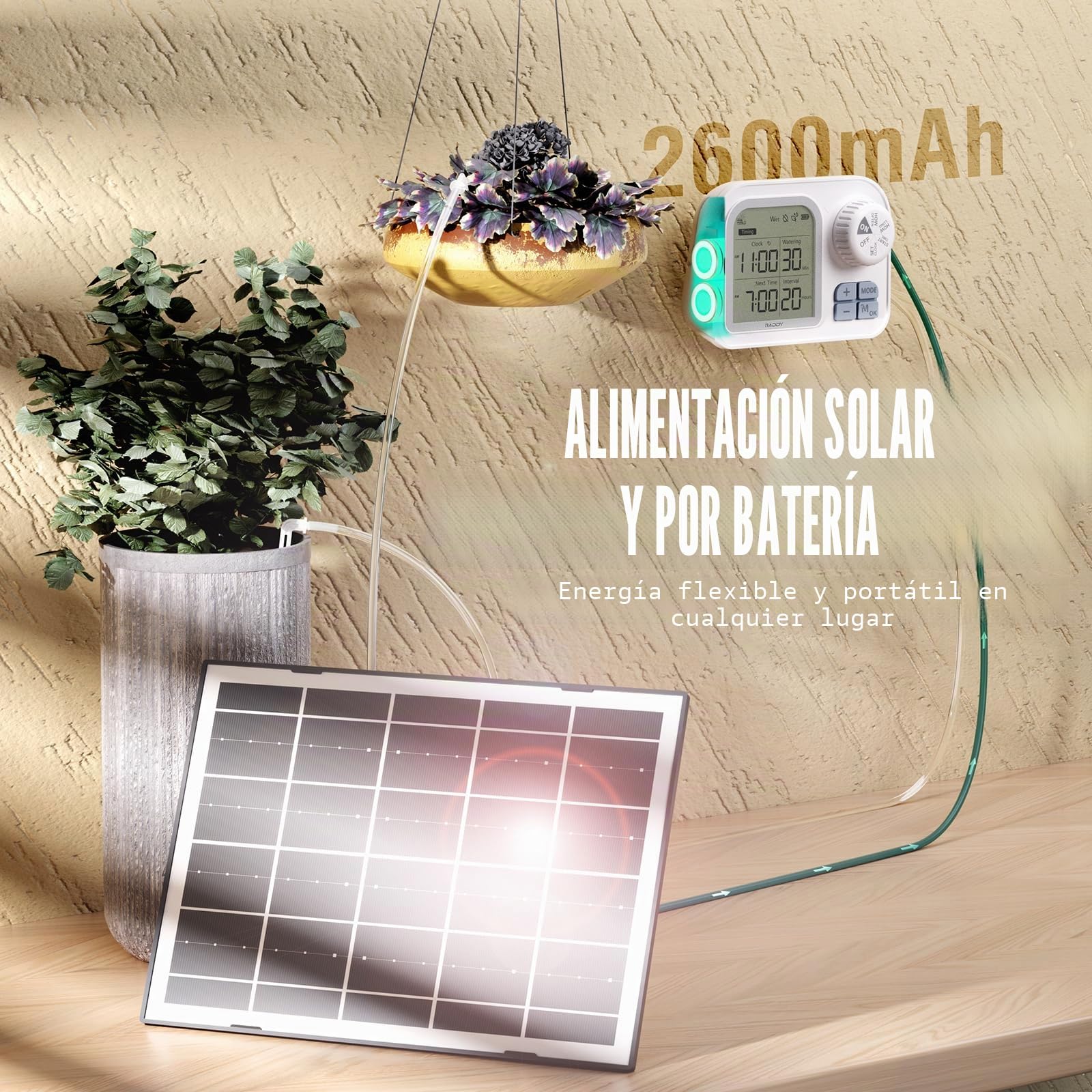Raddy Sistema de riego solar WS-74 con control de aplicación inteligente, IPX7 resistente al agua, sensor de humedad del suelo ajustable, batería de 2600 mAh, juego de riego automático por goteo para