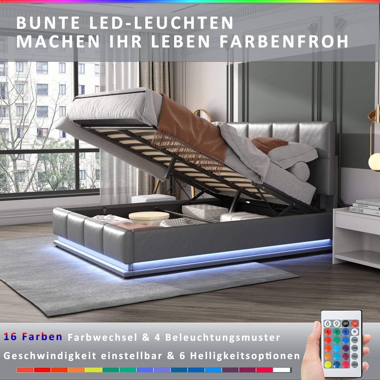 KOMHTOM Letto matrimoniale imbottito con luce d'atmosfera LED, 140 x 200 cm, letto piattaforma con testiera del letto, design della levitazione, rete a doghe(senza materasso) (rosa