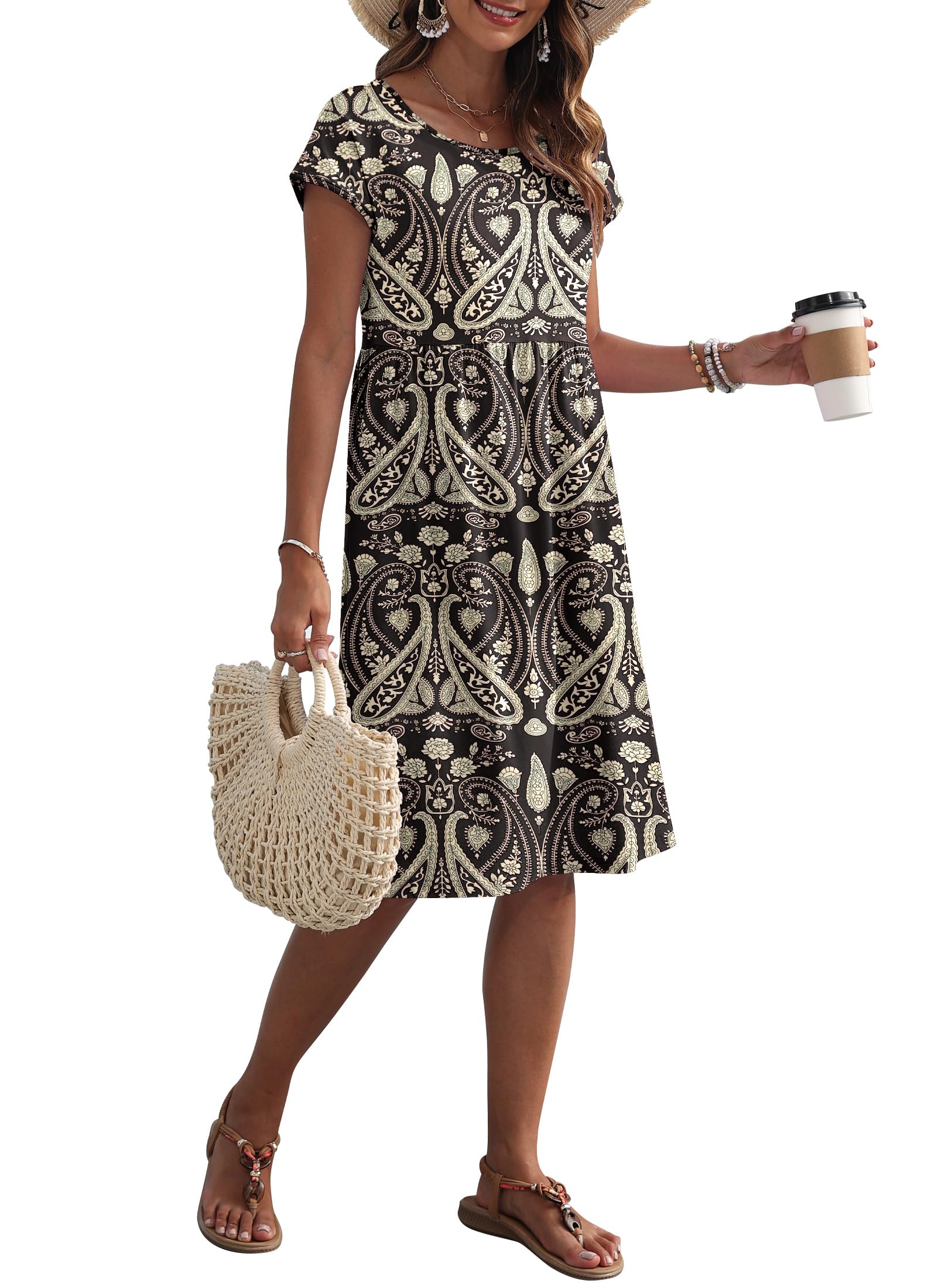 AUSELILY Vestito Estivo da Donna a Maniche Corte Abiti Casual Larghi Abito al Ginocchio con Scollo a Girocollo e Tasche