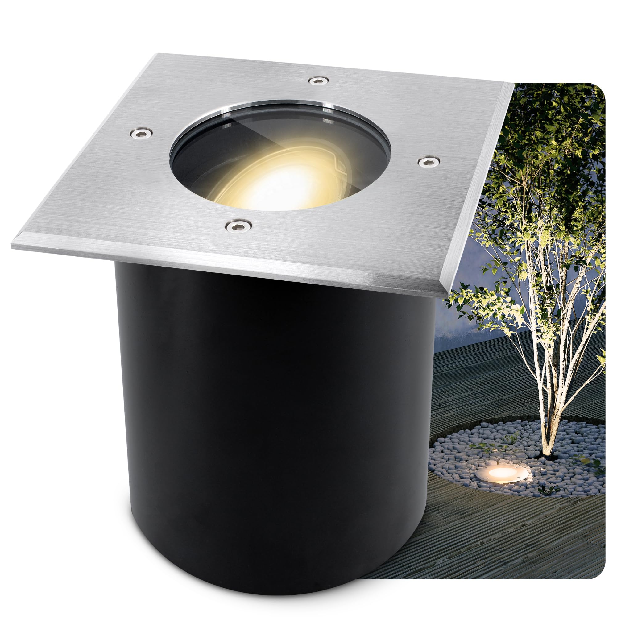 SSC-LUXon JUAVI Bodeneinbaustrahler eckig IP67 GU10 5W 3 Lichtfarben | Befahrbarer Bodenspot eckig IP67 für Wege, Terrasse & Bäume - warm / neutral / kalt per Schieberegler, schwenkbar, 120x120mm