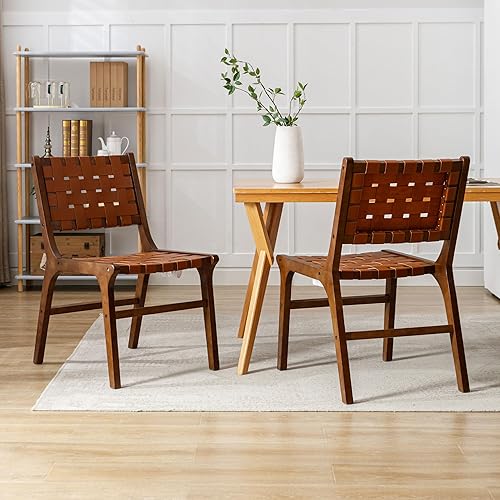 Miniatura 3 de Juego de 2 sillas de comedor estilo granja, de piel sintética, modernas, con tiras tejidas, cómodas, patas de madera, para comedor, sala de estar,