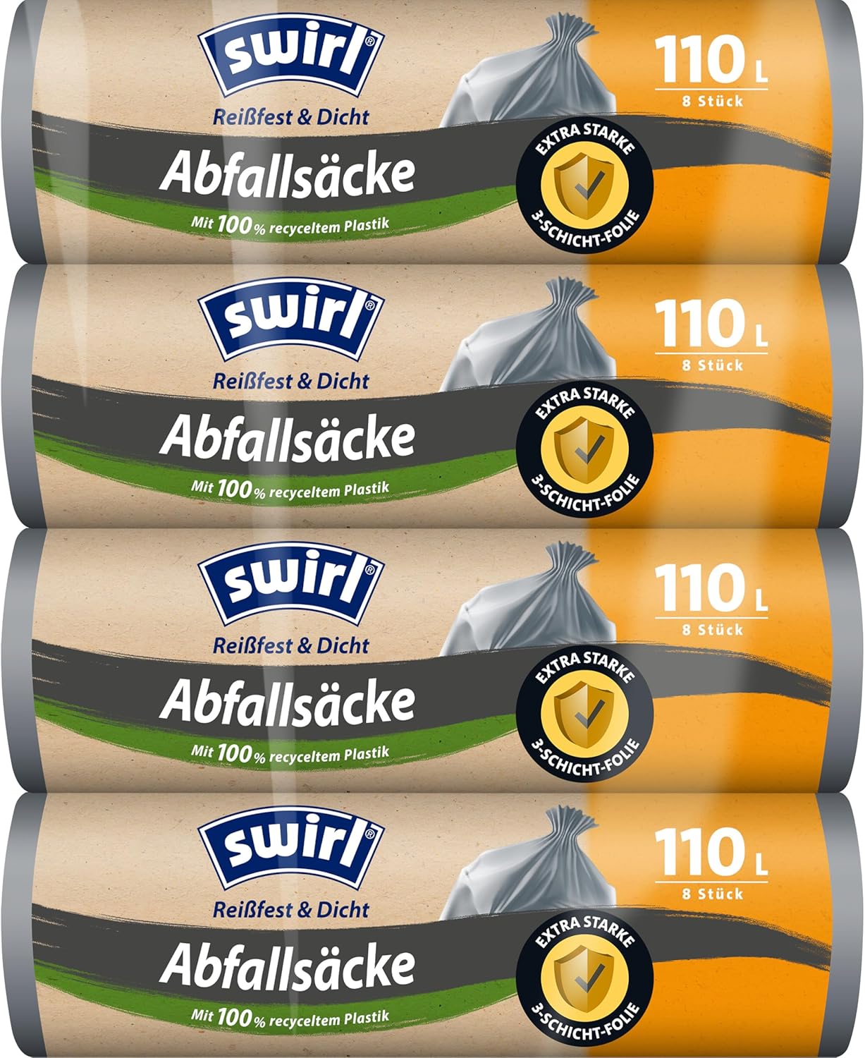 Swirl Rubbish Bag 110 L (4 x 8 Bags), Bin Bags without Closure, Particularly Durable and Tear-Resistant for Waste from Home and Garden