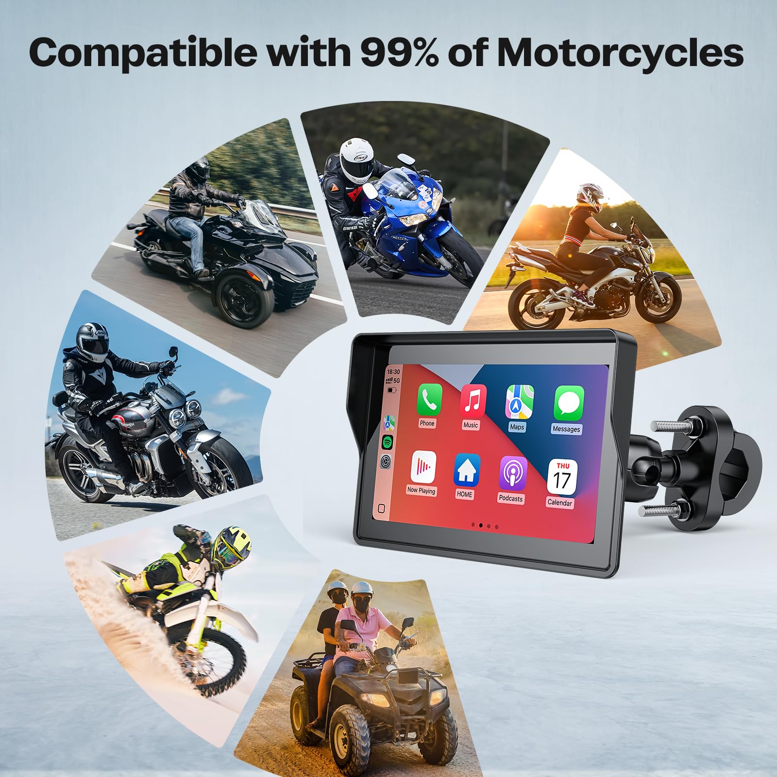 WonVon 5 Inch Motorcycle Carplay GPS Navigation System with Apple Carplay and Android Auto Portable Screen with Dual Bluetooth, Navigation, Siri, Google Assistant（Not Inchluded TPMS）