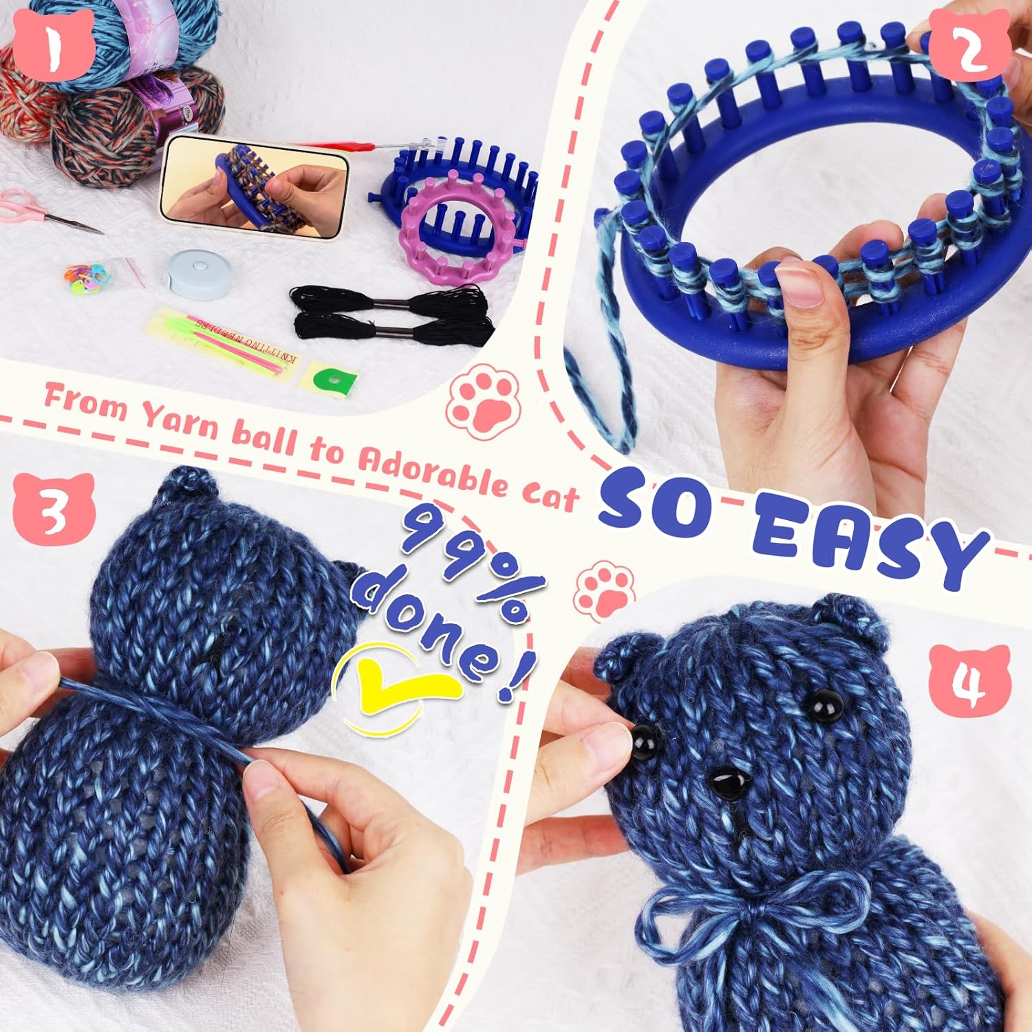 Aeelike Round Loom Knitting Kit for Beginners, Easy to Knit Cat (L&S) Complete Beginner Knitting Loom Kit for Beginners w Step-by-Step Instructions Videos, Family Craft Crochet Animal Gift - Image 2