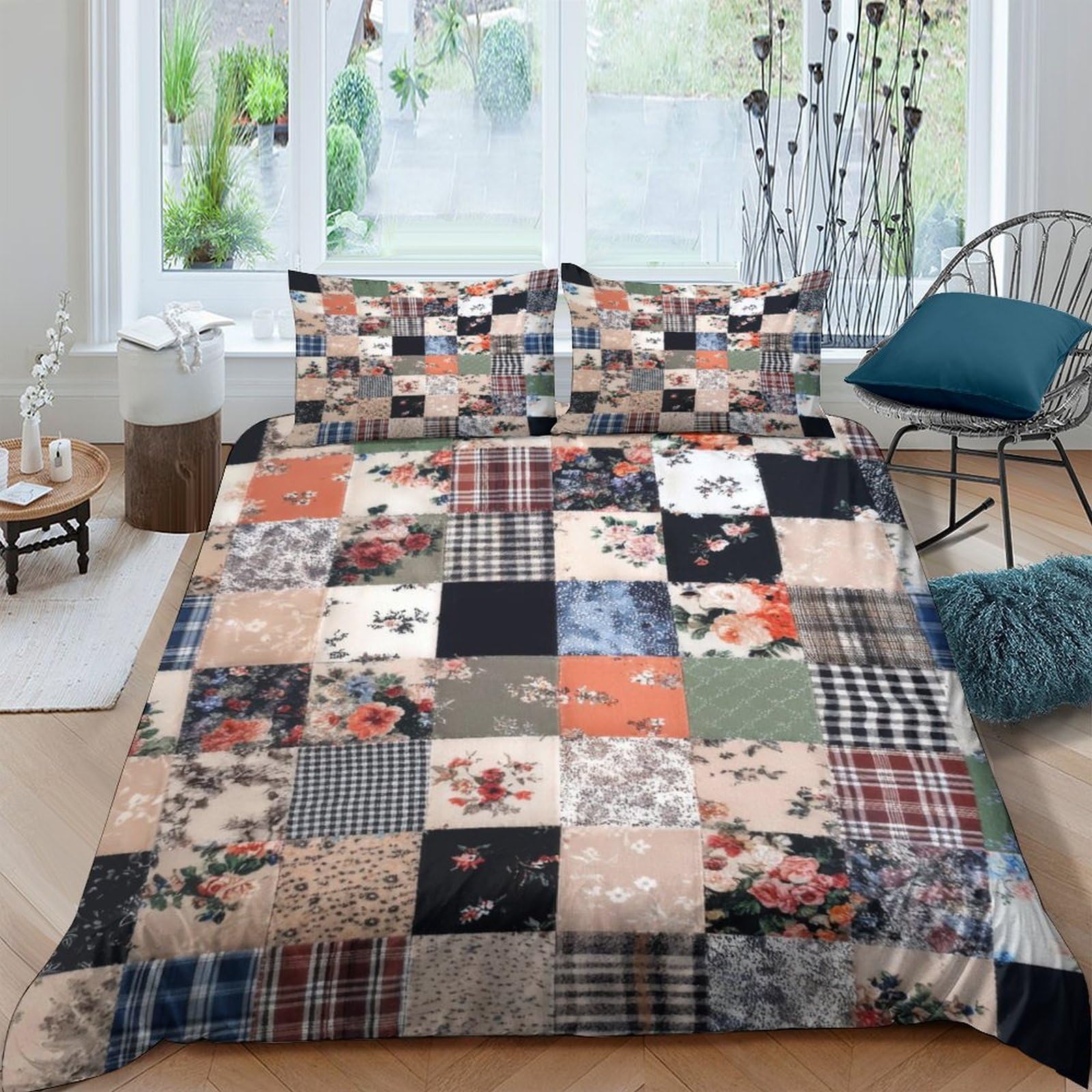 Ctjqhvkz Style-2 3D Printed Patchwork Retro Fitted Sheet Microfiber Soft Breathable Plaid Floral Mattress Cover For Bedroom Dorm Mattress Protection Decor Single（135X200cm）