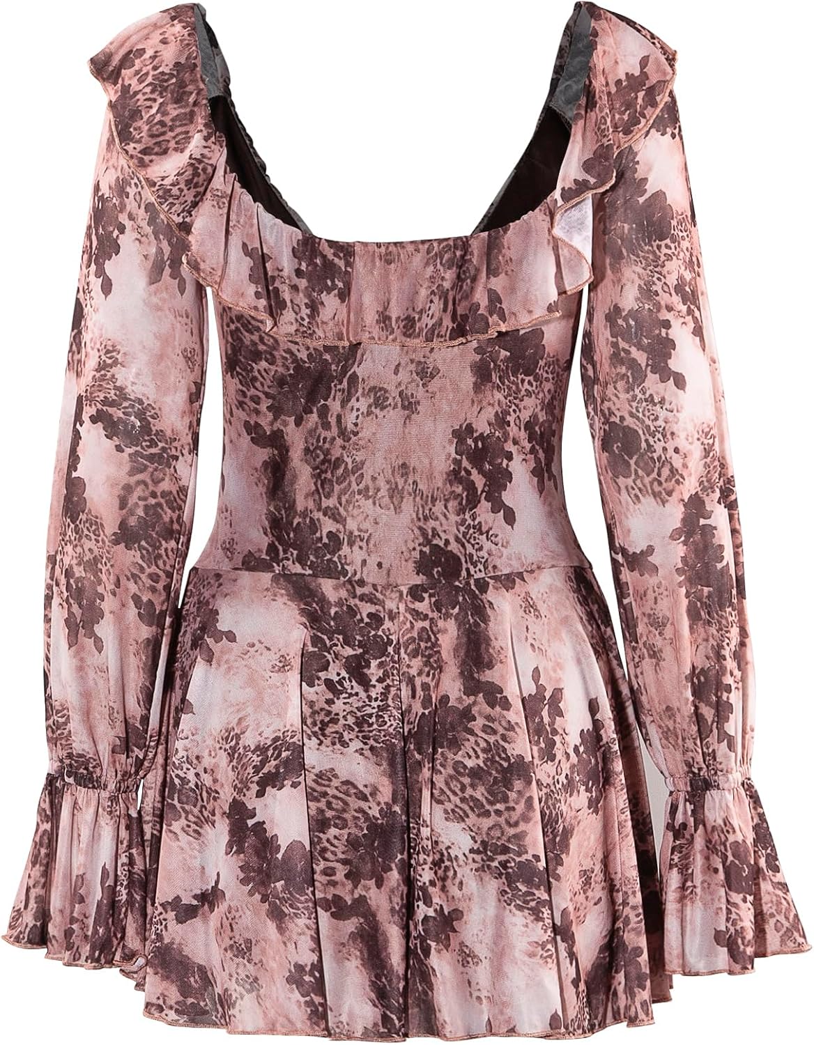 VWIWV Women Sexy Leopard Print Ruffle Mini Dress Lace up Long Sleeve Pleated Bodycon Short Party Club Mesh Dress - Image 4