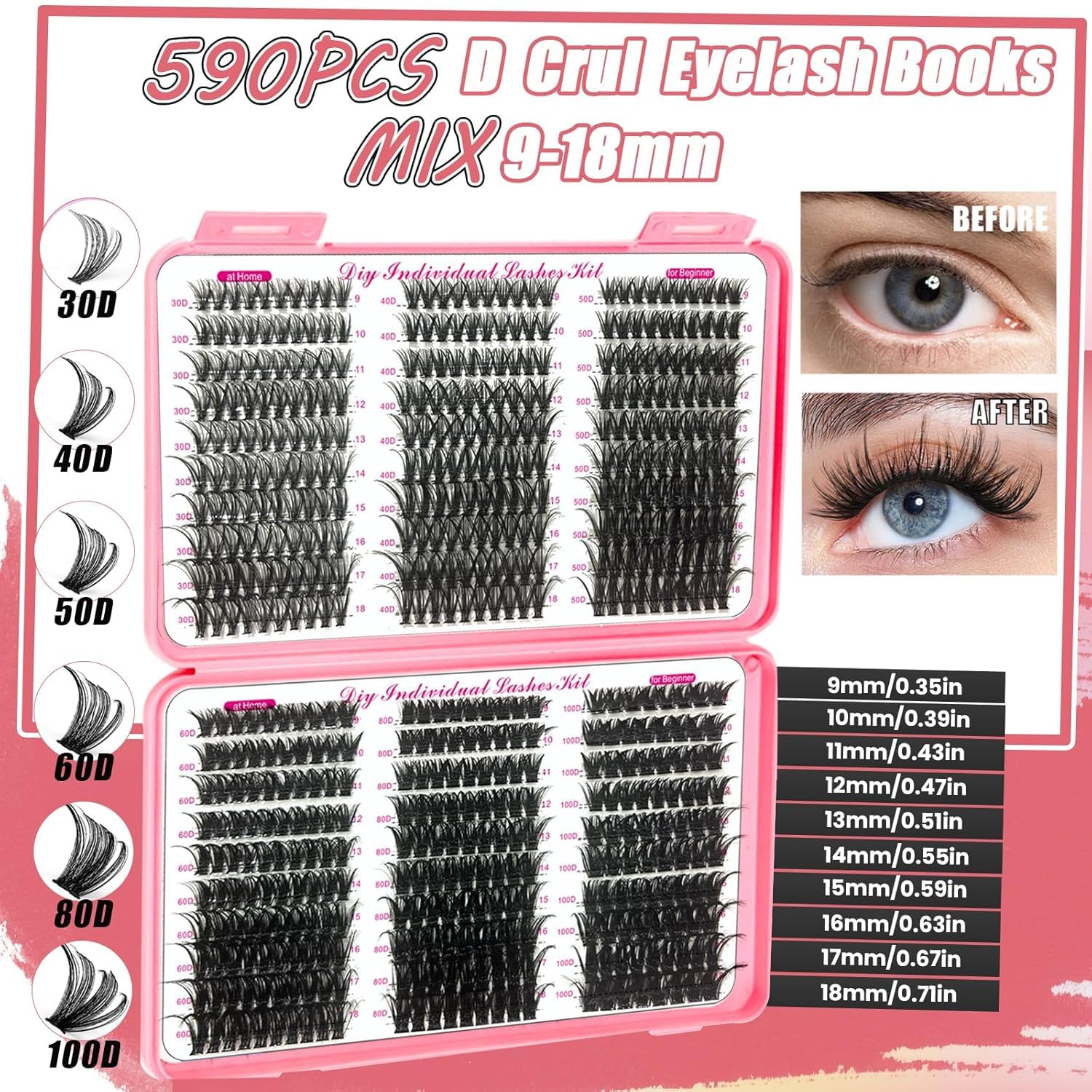 DNSGOOR Kit d'extensions de cils DIY - 590 pièces D Curl - Colle et scellant - Shampoing pour cils - Brosse de nettoyage - Bandeau - Poignet - Pince à épiler - Pinceau applicateur (LASH01)