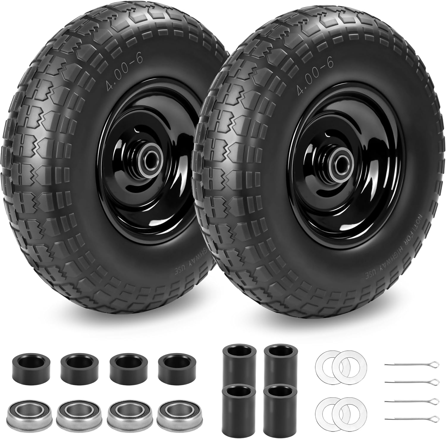 2PC 4.00-6 Flat-Free Tires and Wheels, 13" Thickened Solid Tire, with 5/8" & 3/4" Bearing, 1.8"-5.8" Centered Hub Length, 4.00-6 tire and wheel Fit for Gorilla Cart, Garden Cart/Hand Truck/Wheelbarrow
