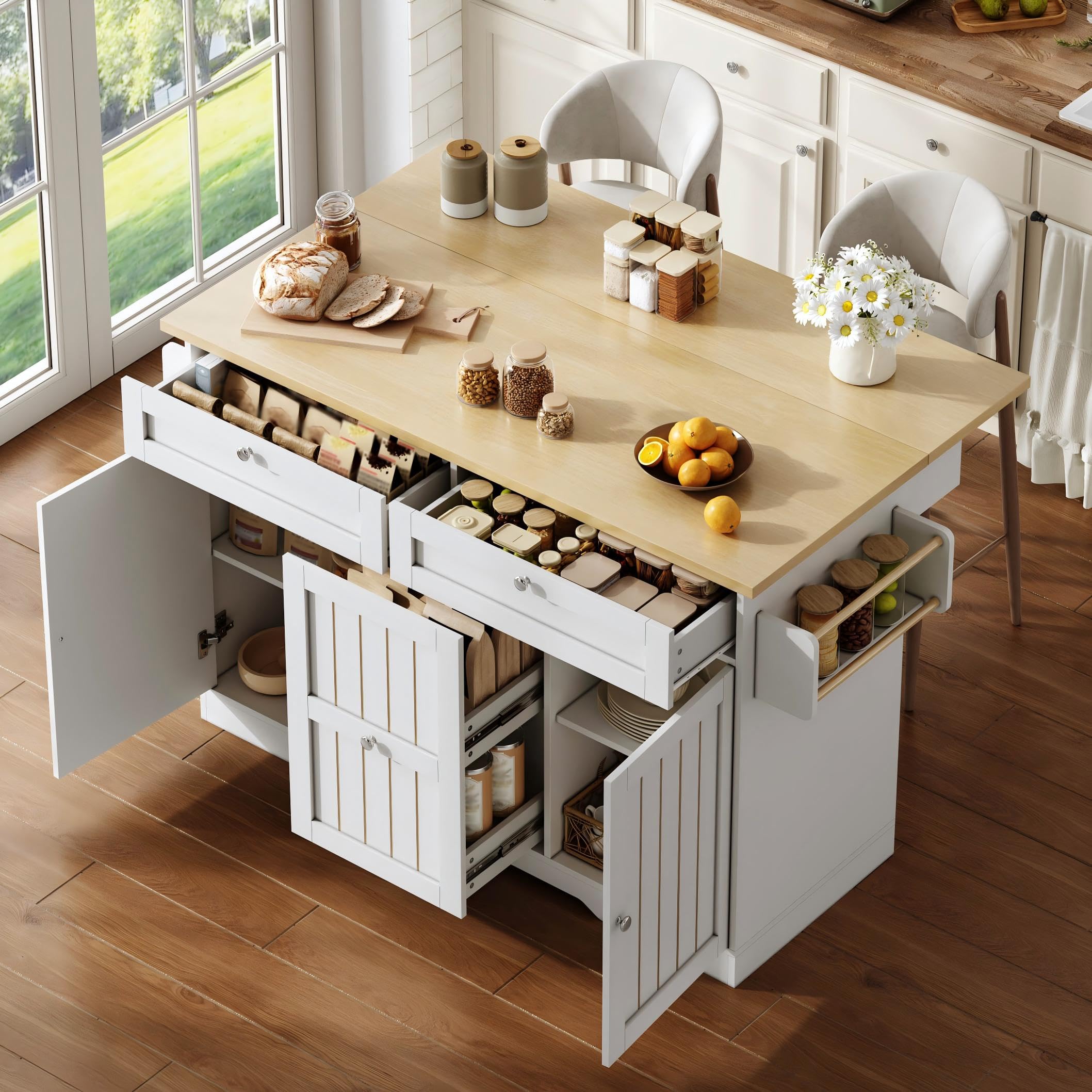 Moderne weiße Kücheninsel mit klappbarer Arbeitsplatte, Sto Wagen, Ders und zwei Lar Bins – perfekt zum Kochen zu Hause & Dining Soluts