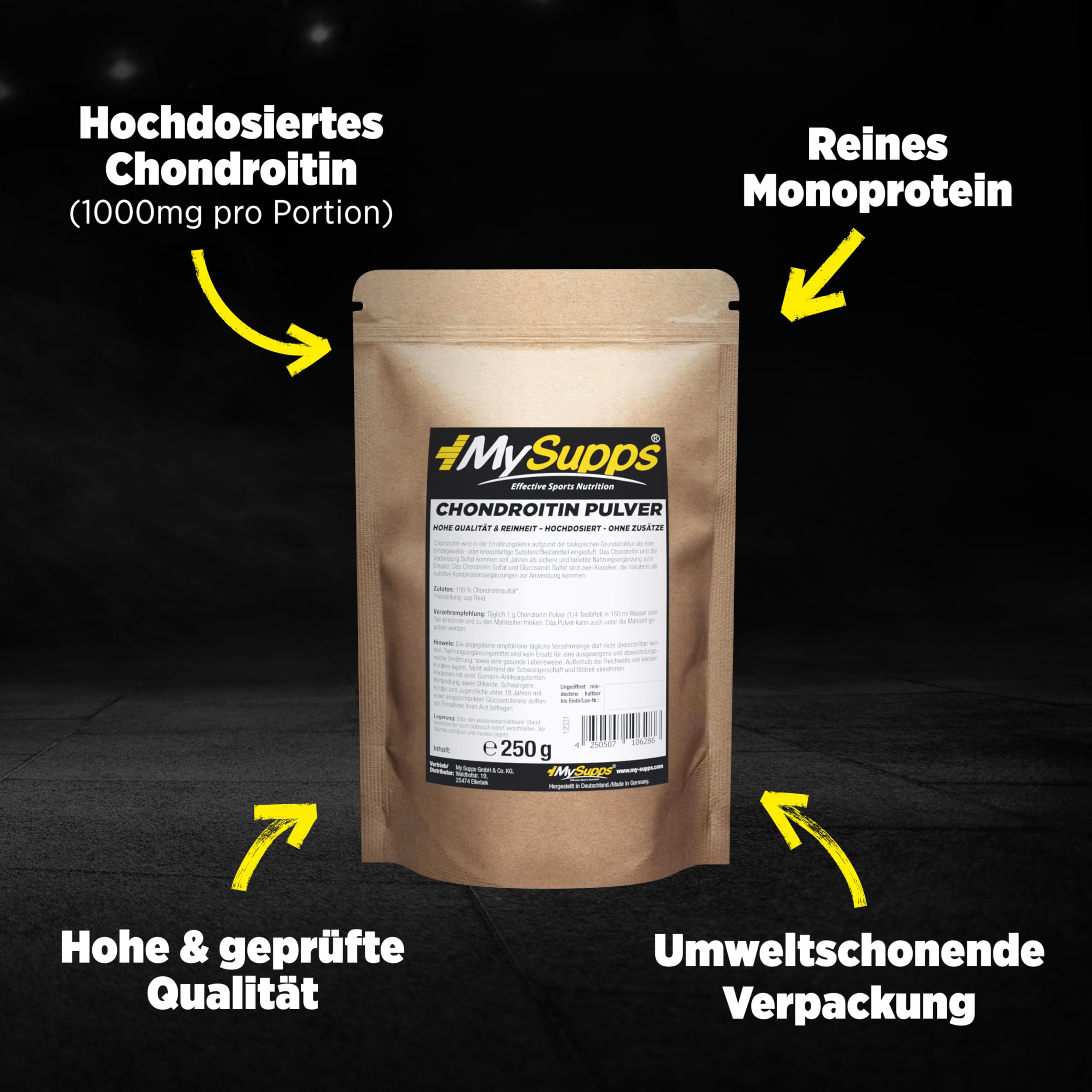 My Supps Chondroitin-Pulver 250g – 100 % reines & ultrafeines Chondroitin-Sulfat in Premiumqualität – hochdosiert & ohne Zusatzstoffe – frei von Zucker, Laktose & Farbstoffen, Made in Germany