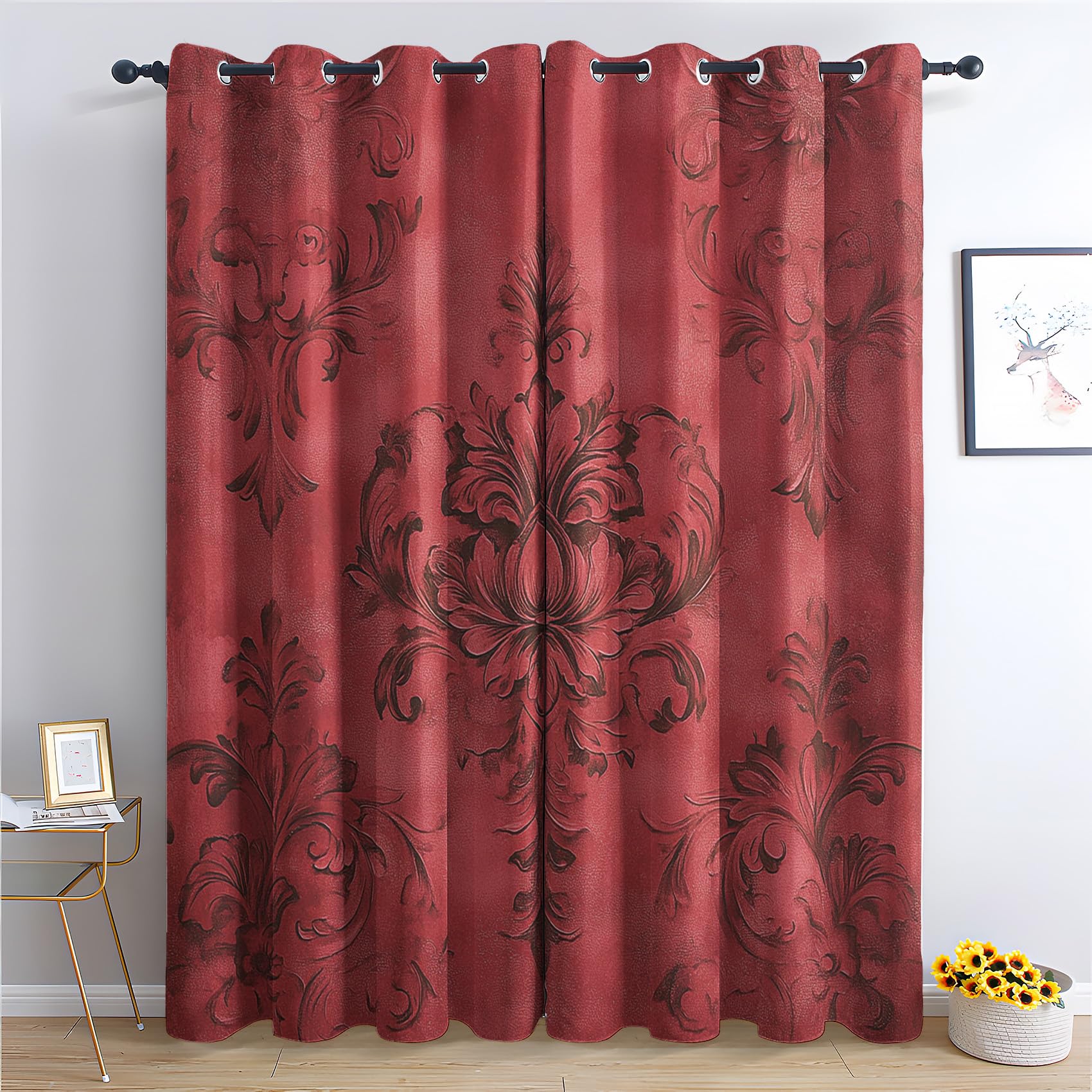 Zcwl Multicoloured Red Damask Curtains For Bedroom Living Room, Baroque Patterned Blackout Curtains, Thermal Insulated Eyelet Curtain, 84 Drop Window Treatments Drapes, 52X84 Inch (W X L), 2 Panels