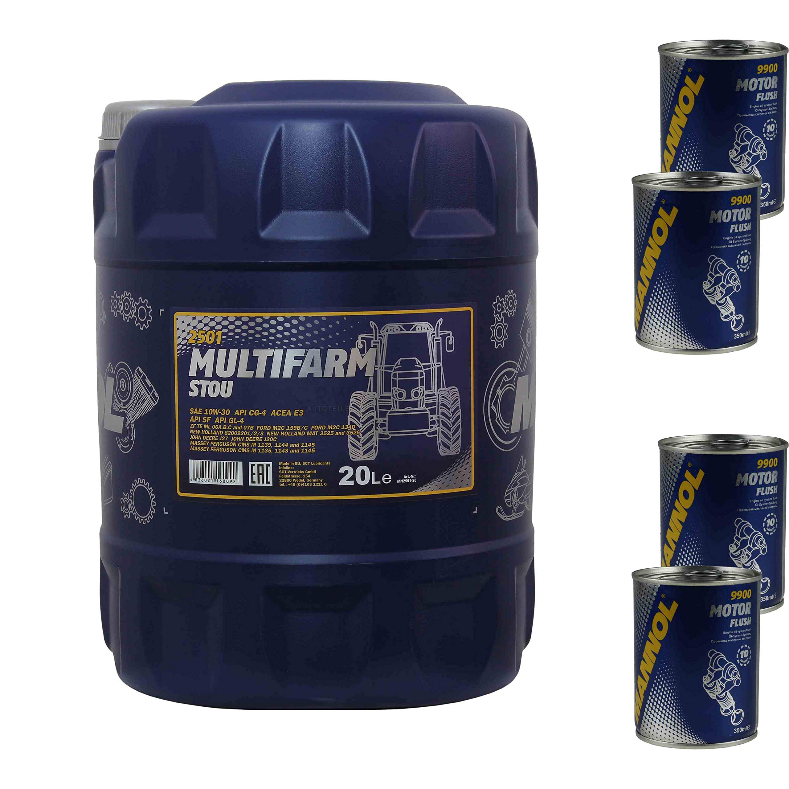 Mannol Huile moteur SAE 10W-30W Multifarm STOU 4 x Motor Flush 20 l