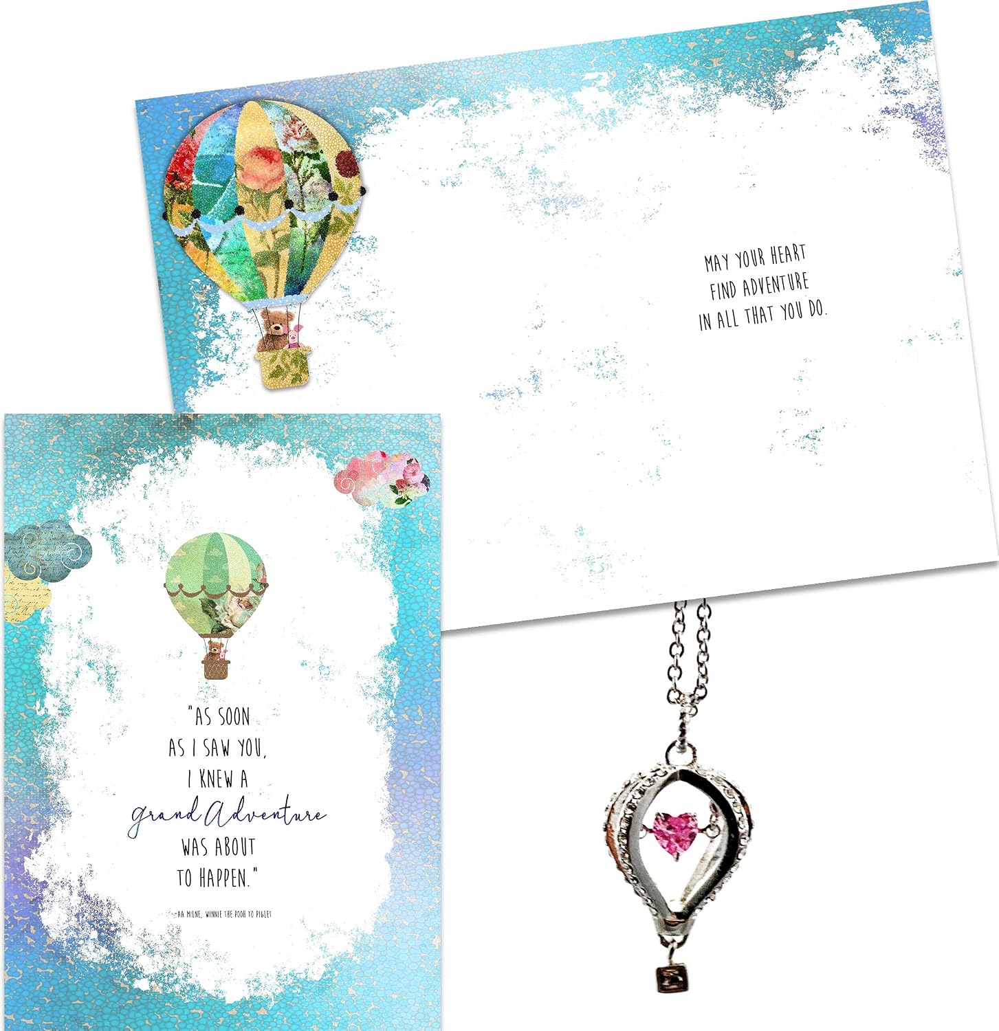 Smiling Wisdom | As Soon as I Saw You I Knew a Grand Adventure Was About to Happen Greeting Card and Hot Air Balloon with Dancing Pink Heart Gift Set | Women Friends | Silver Pink